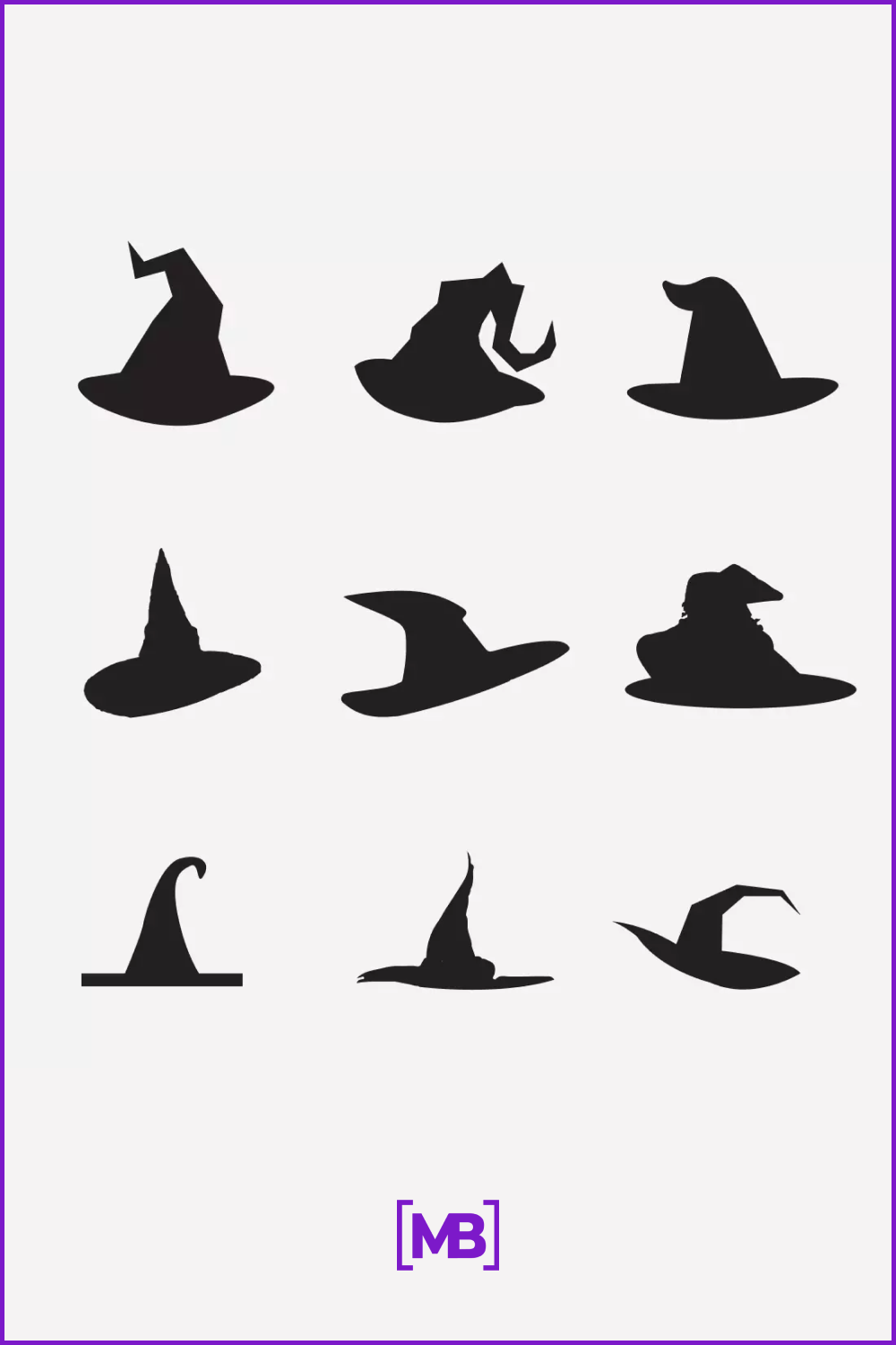 Variants of different black witch hats.