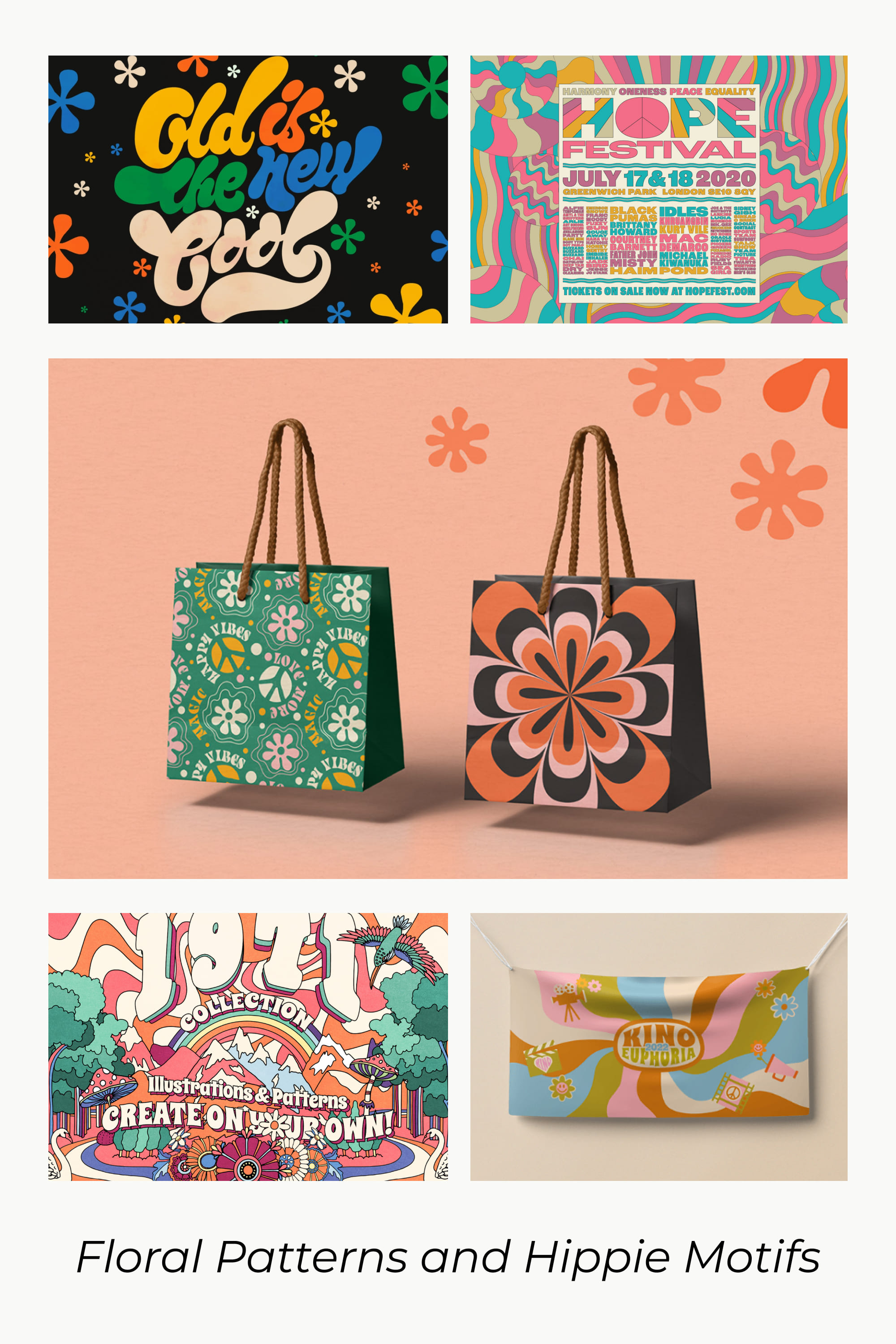 Floral and hippie patterns on bags.