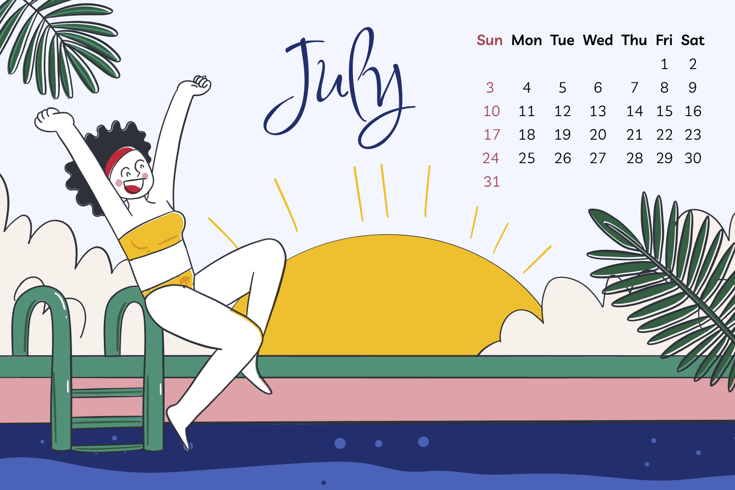 Calendar with drawn sun, swimming pool and joyful girl.