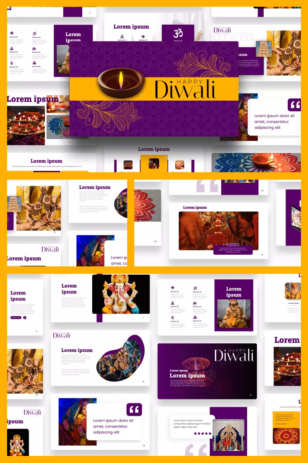 Collage of images in the style of India in purple, white and yellow tones.