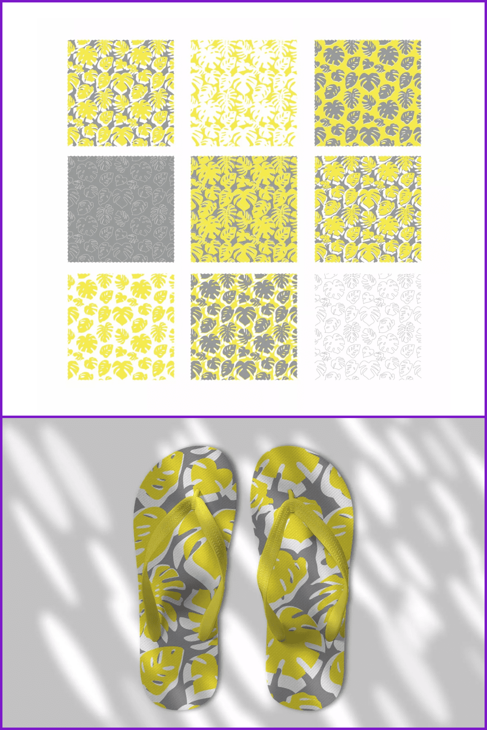 Gray, yellow, and white leaves patterns in minimalistic style.