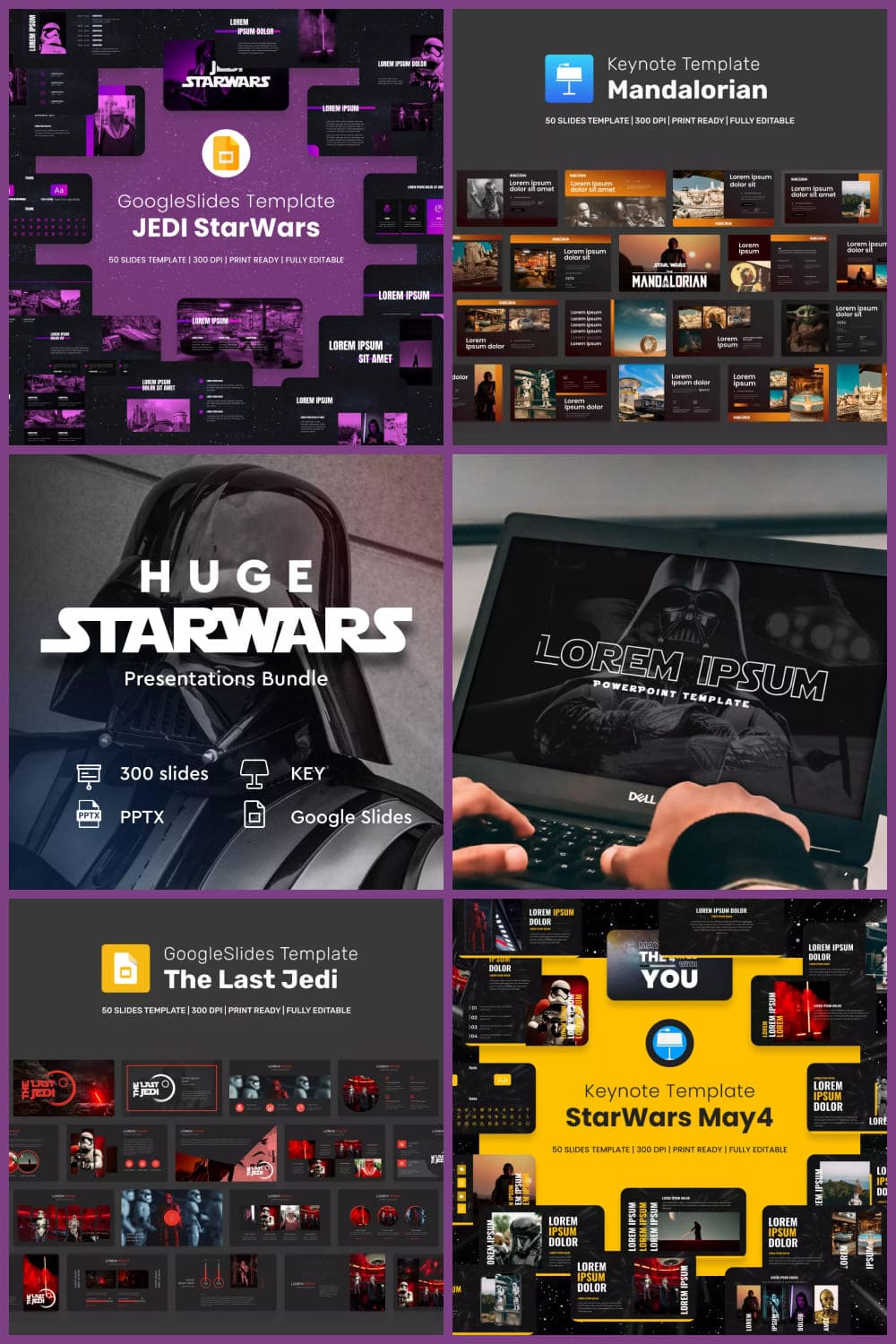 Collage with Star Wars presentations templates.