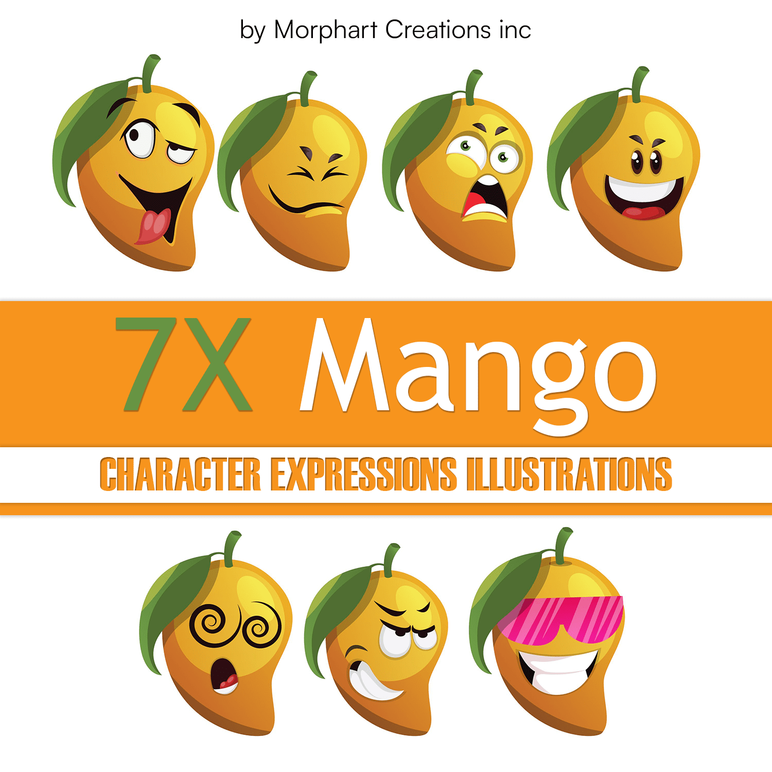 7X Mango Character Expressions Illustrations created Morphart Creations inc.