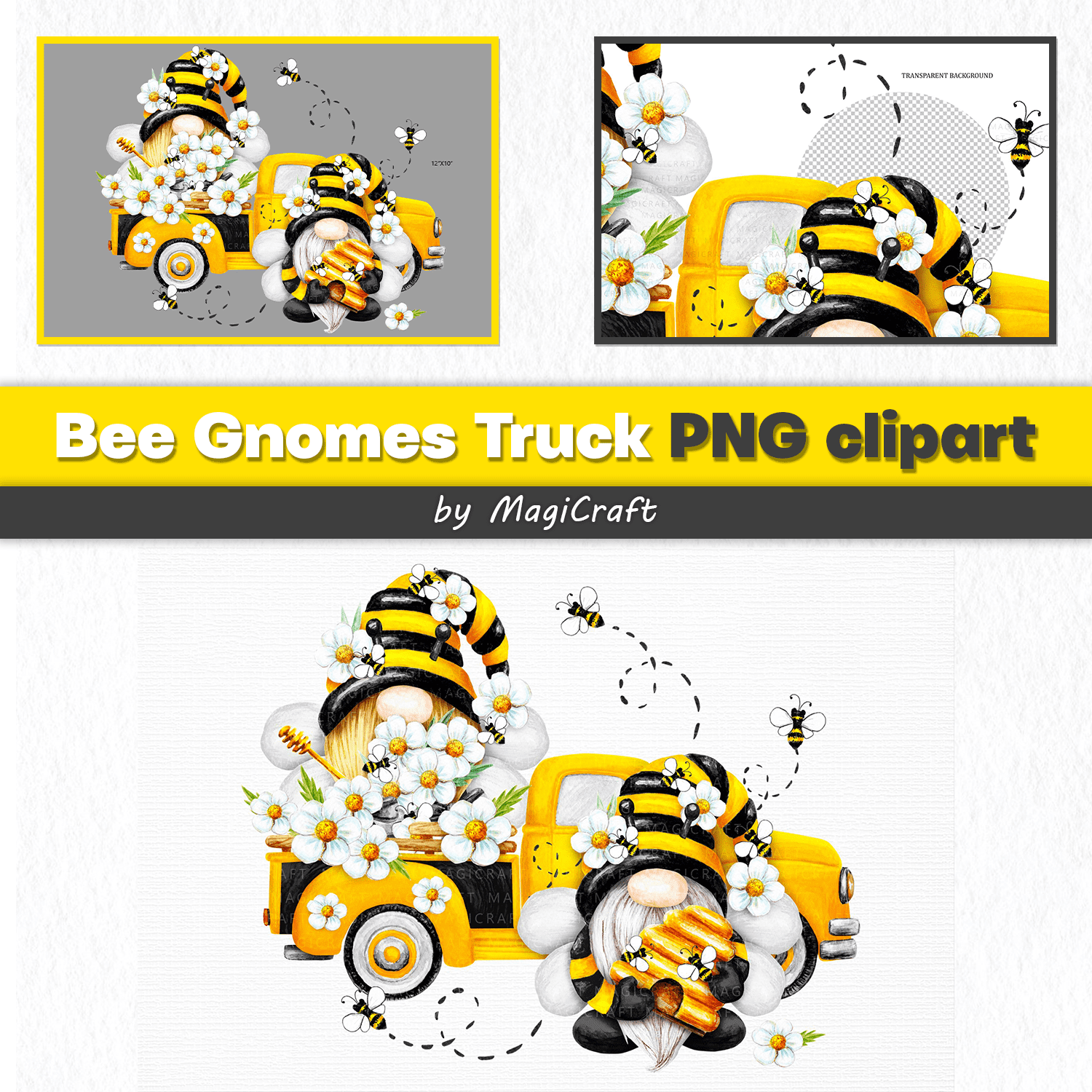 Bee gnomes truck clipart watercolor by MagiCraft.