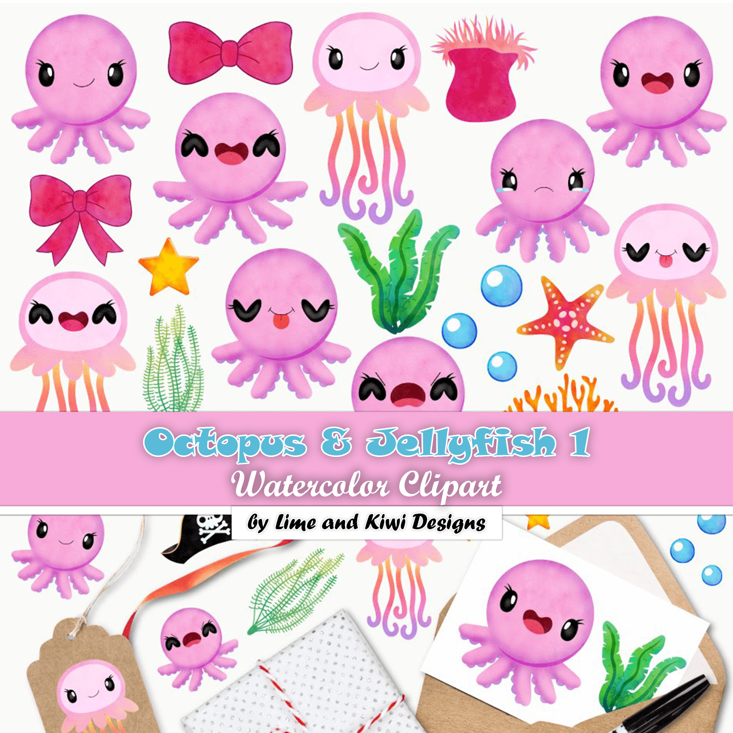 Octopus & Jellyfish 1 Watercolor Clipart, Instant Download cover.