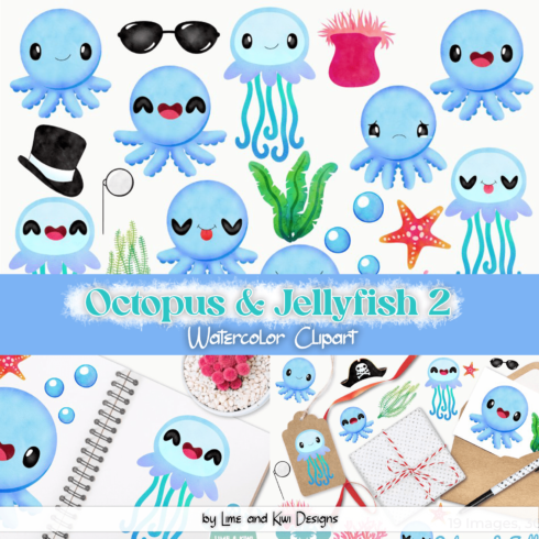 Octopus & Jellyfish 2 Watercolor Clipart, Instant Download.