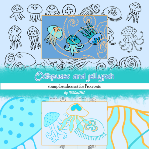 Octopuses and jellyfish - stamp brushes set for Procreate.