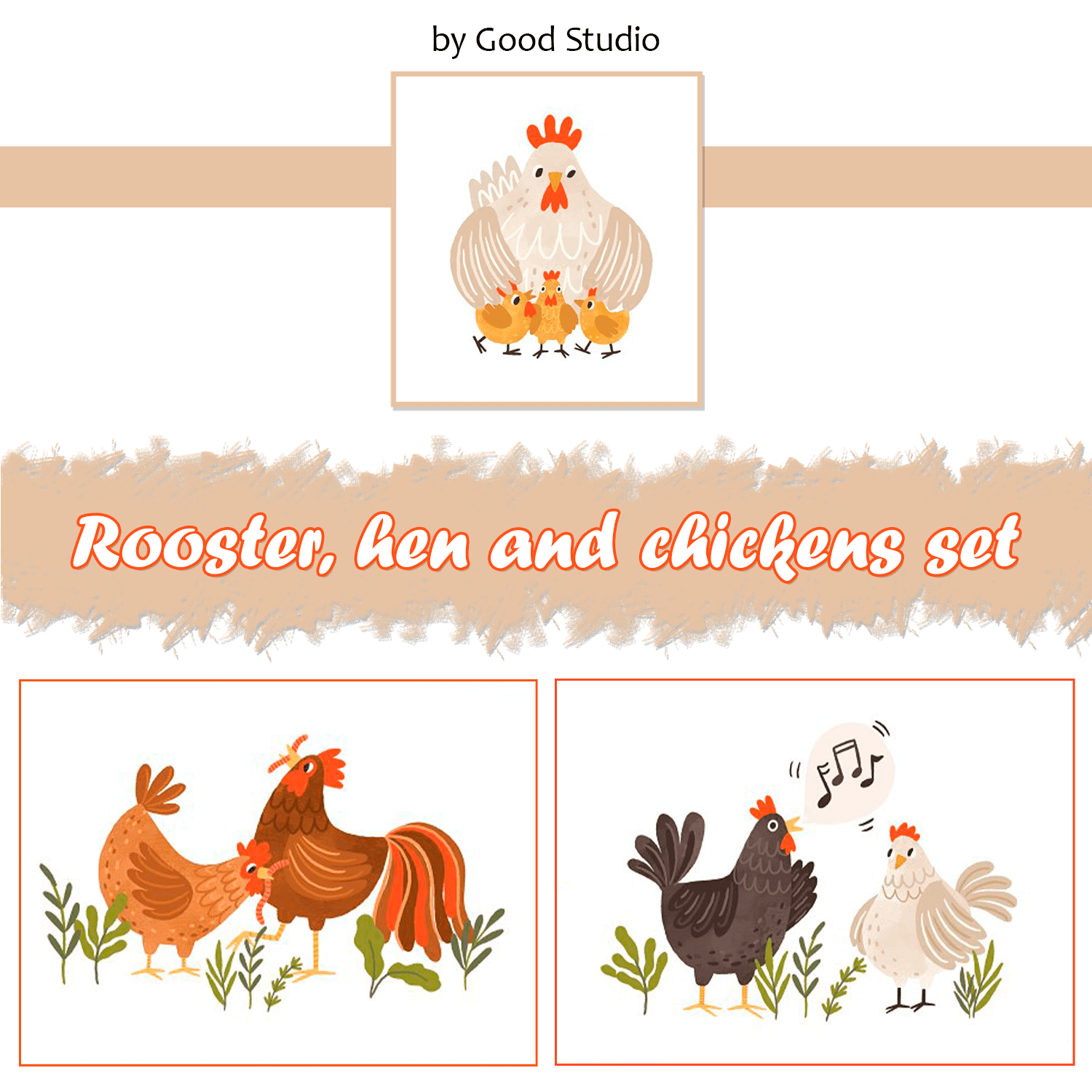 Rooster, hen and chickens set cover.