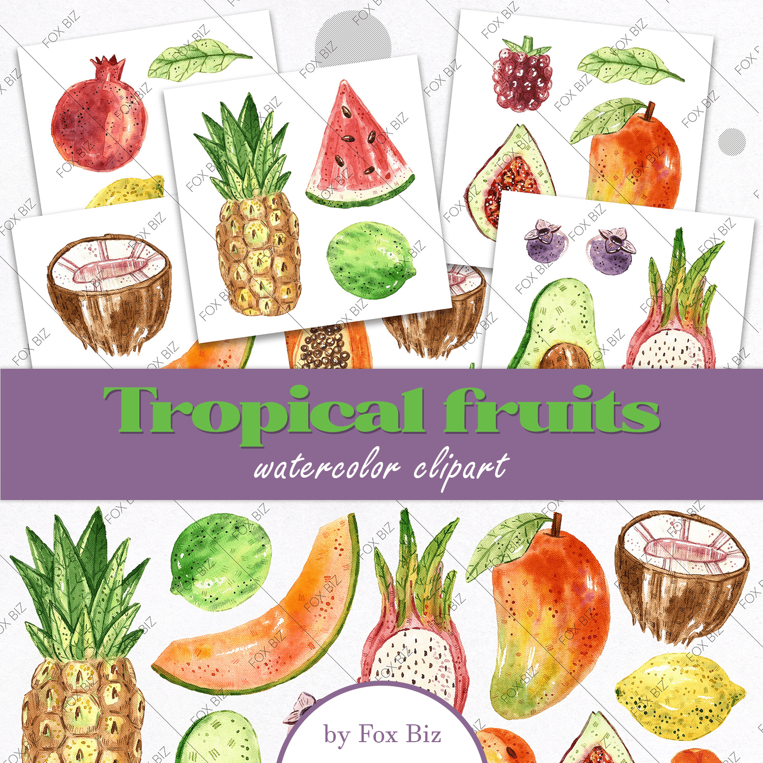 Tropical fruits watercolor clipart created by Fox Biz.