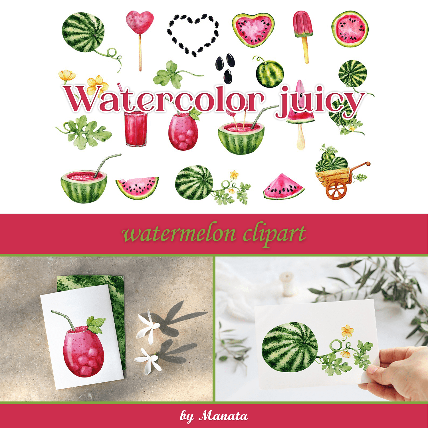 Watercolor juicy watermelon clipart created by Manata.