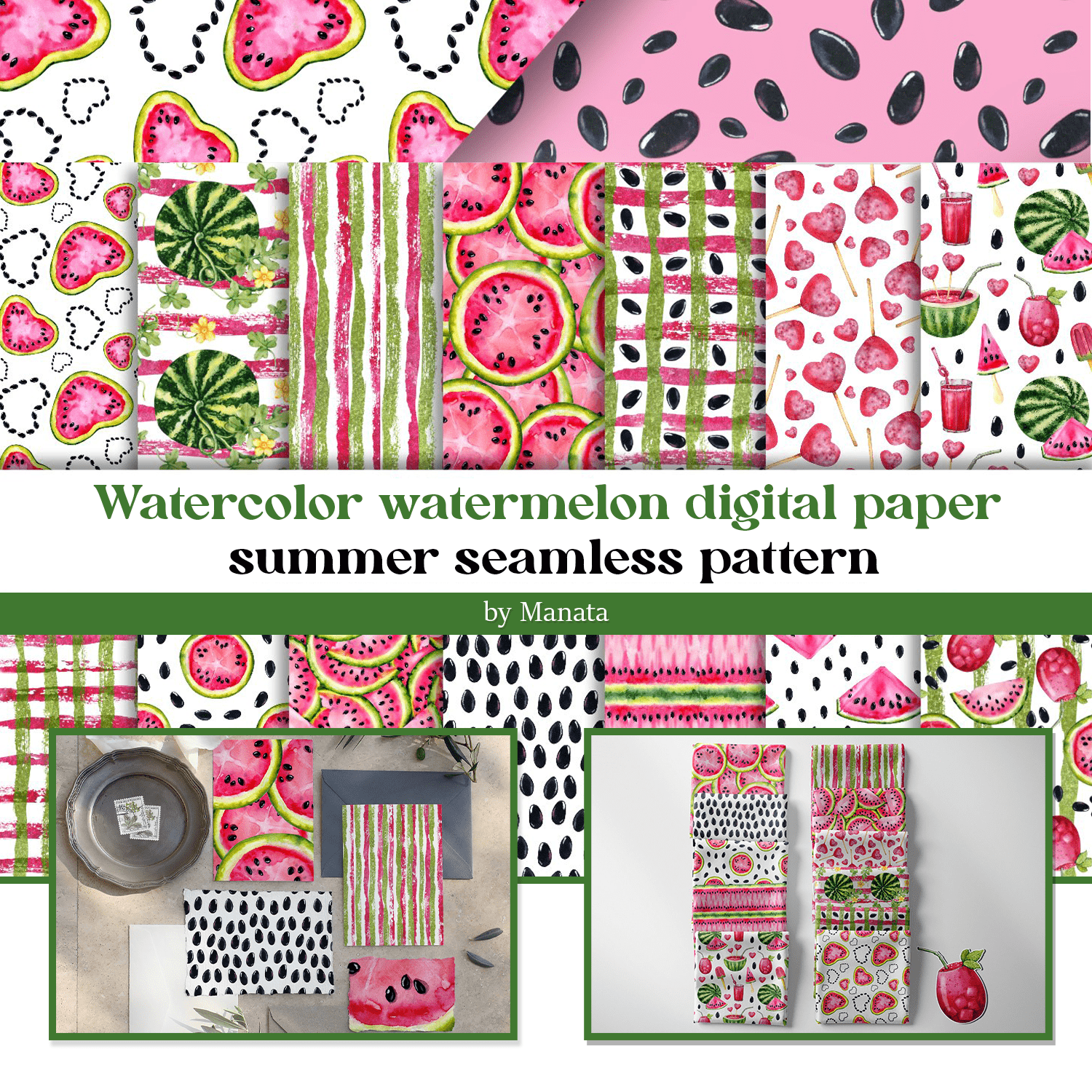 Watercolor watermelon digital paper summer seamless pattern created by Manata.