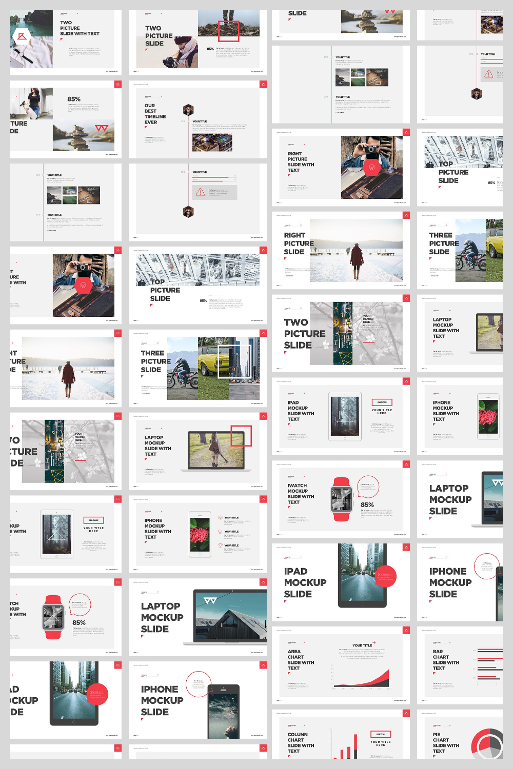 Mix of presentation pages in light colors with red accents.