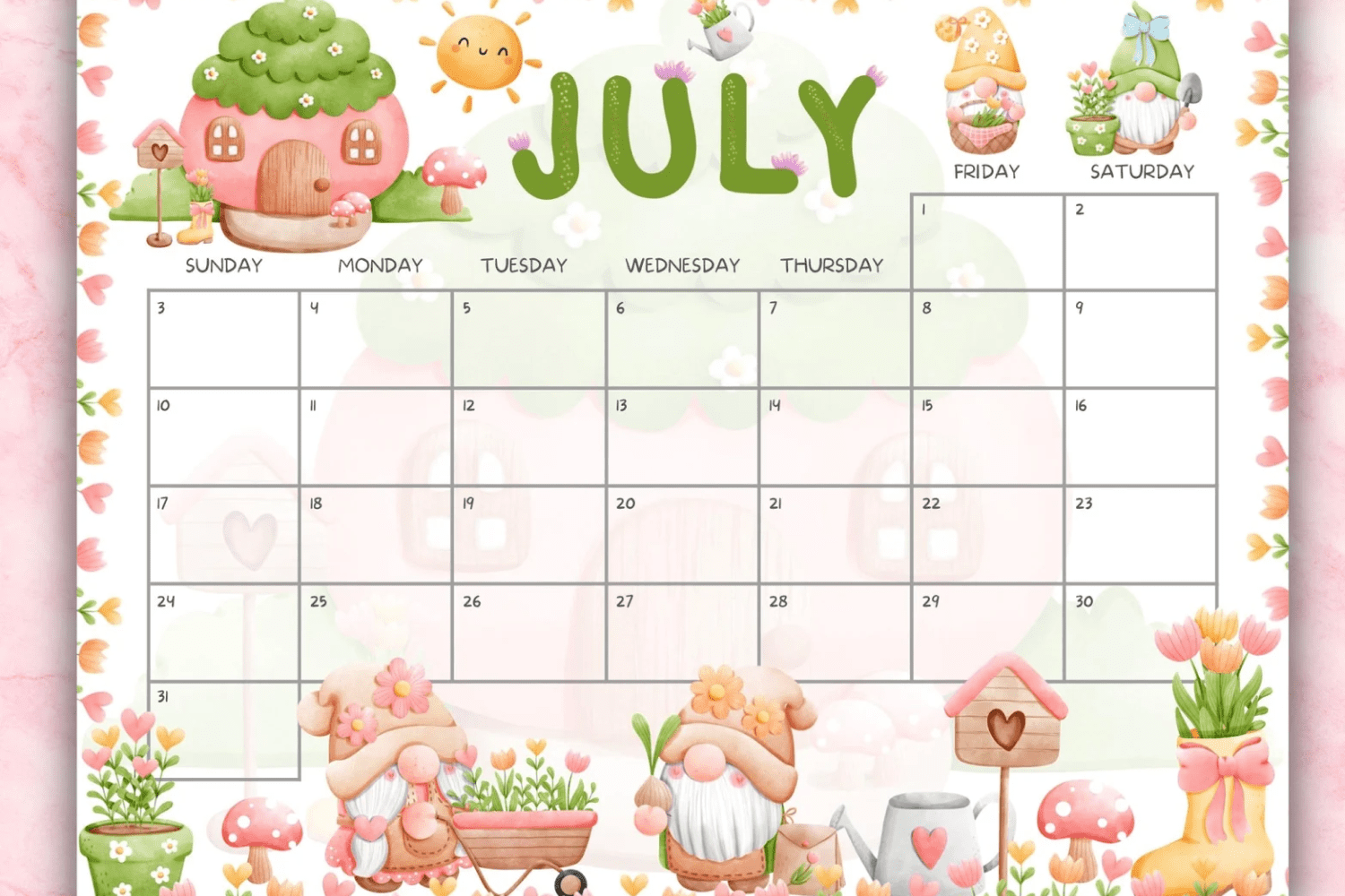 Bright calendar with gnomes and a toy house.