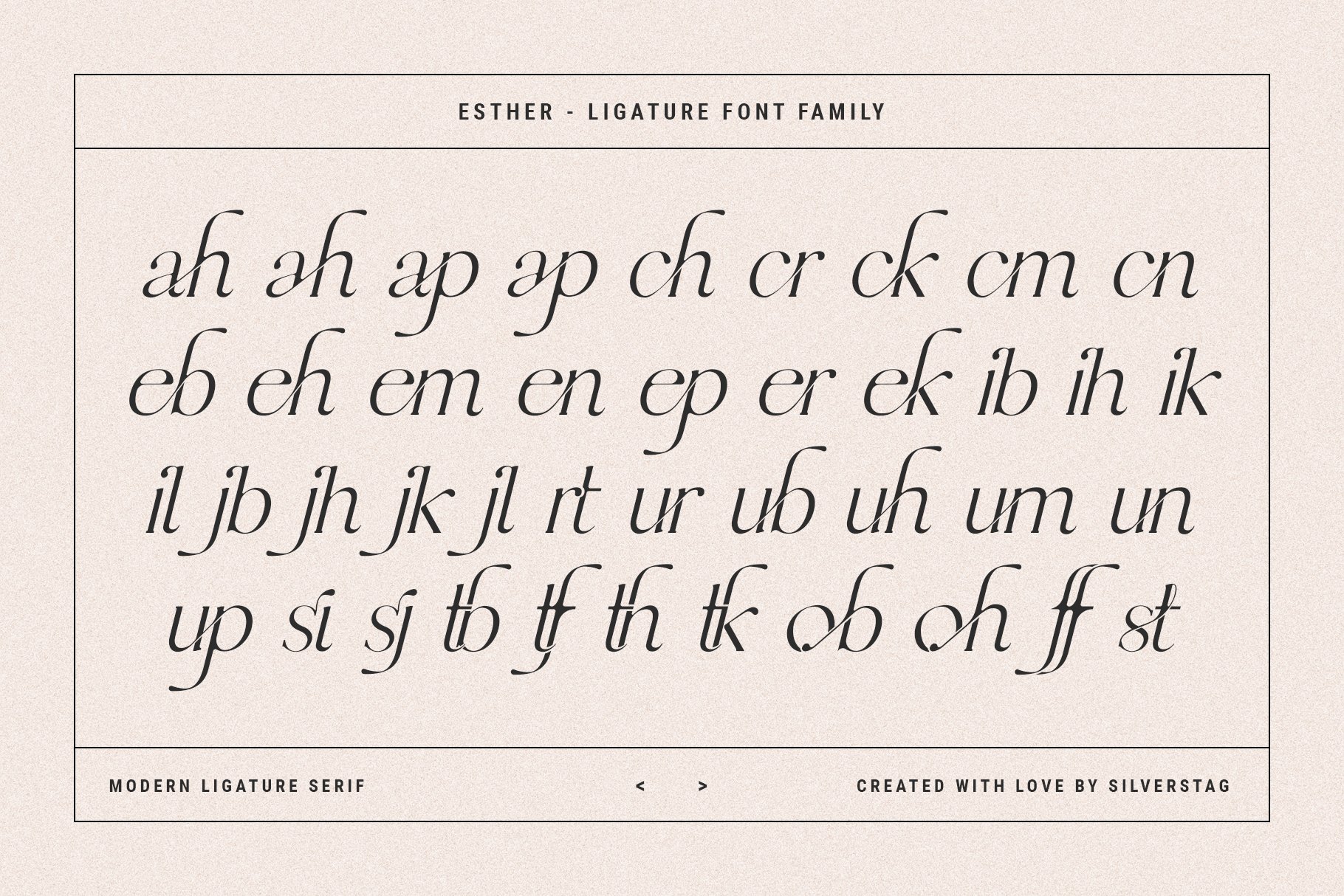 General view of the esther stylish ligature serif font family.