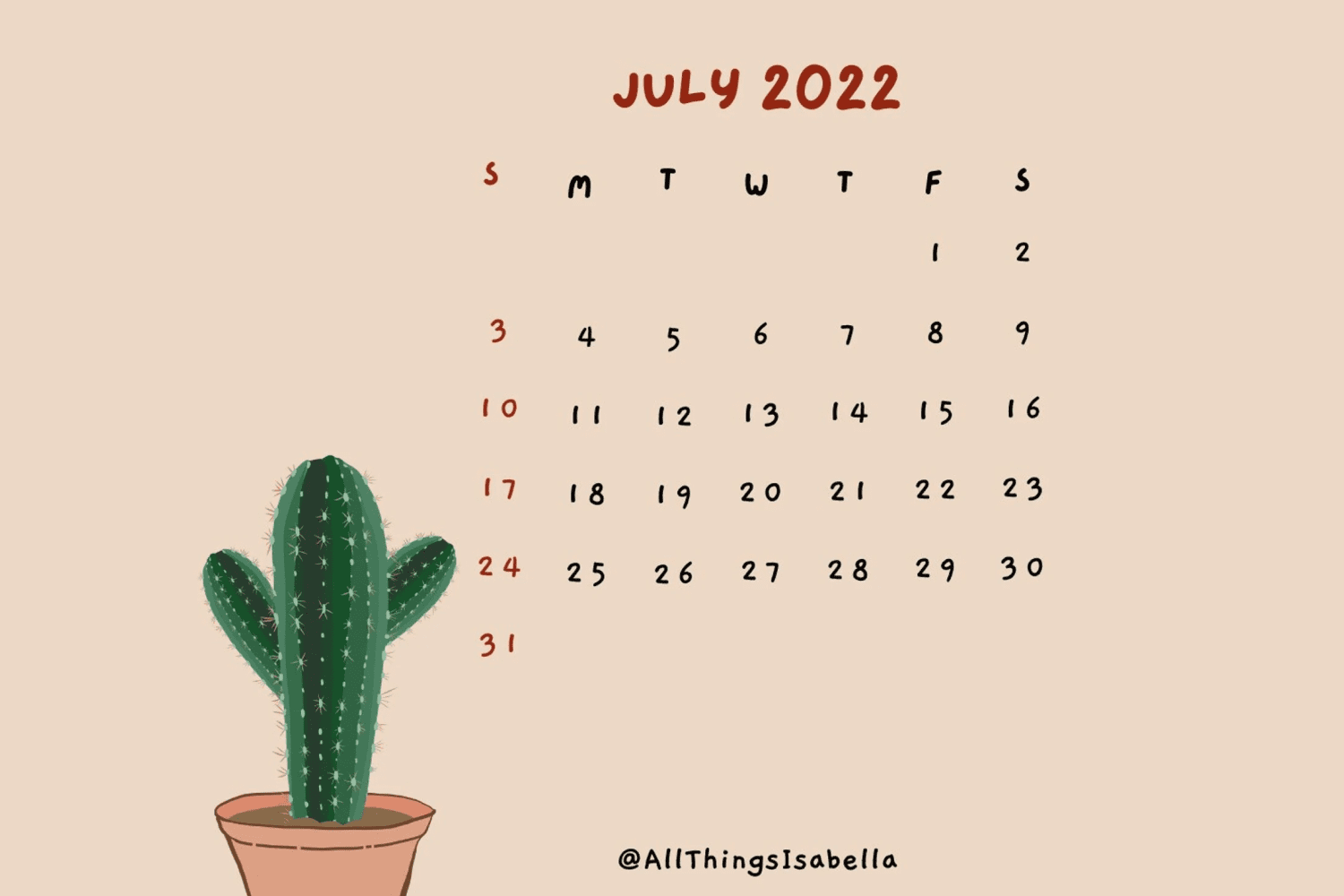 Calendar with drawn cactus on brown background.