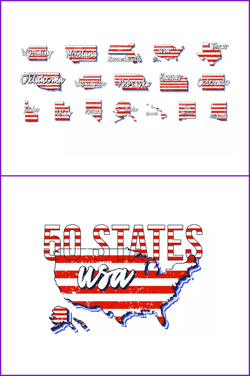 Set of 50 Grunge US States Map.