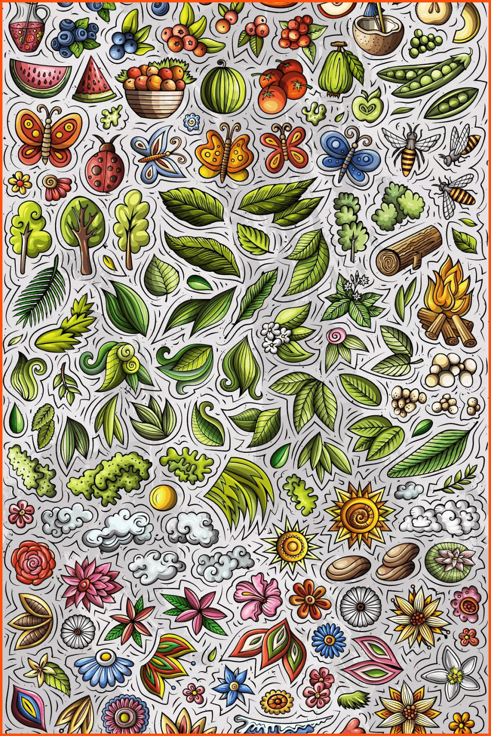 Doodles with insects, fruits, leaves, and berries.