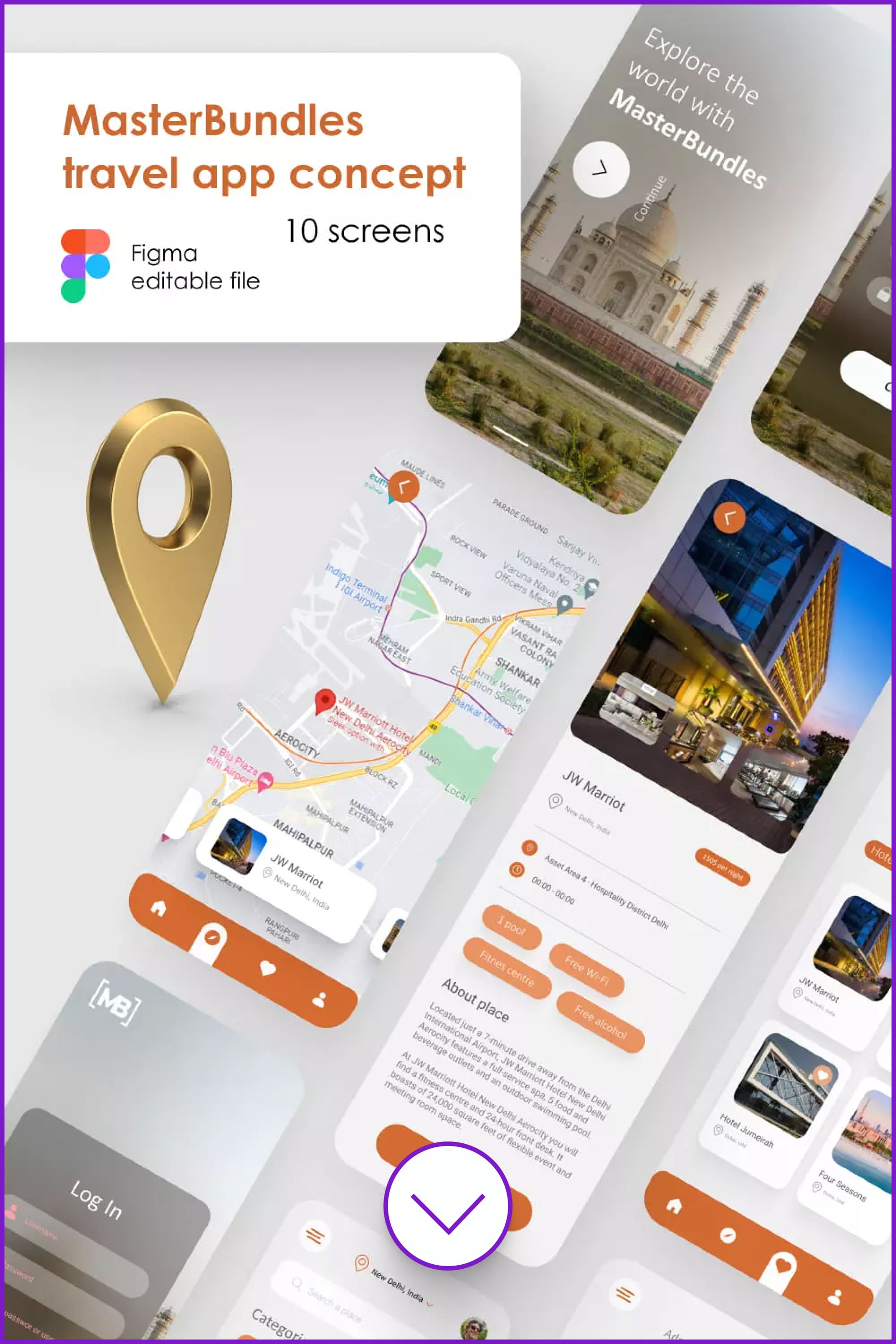 Screenshots of travel app with shade of orange.