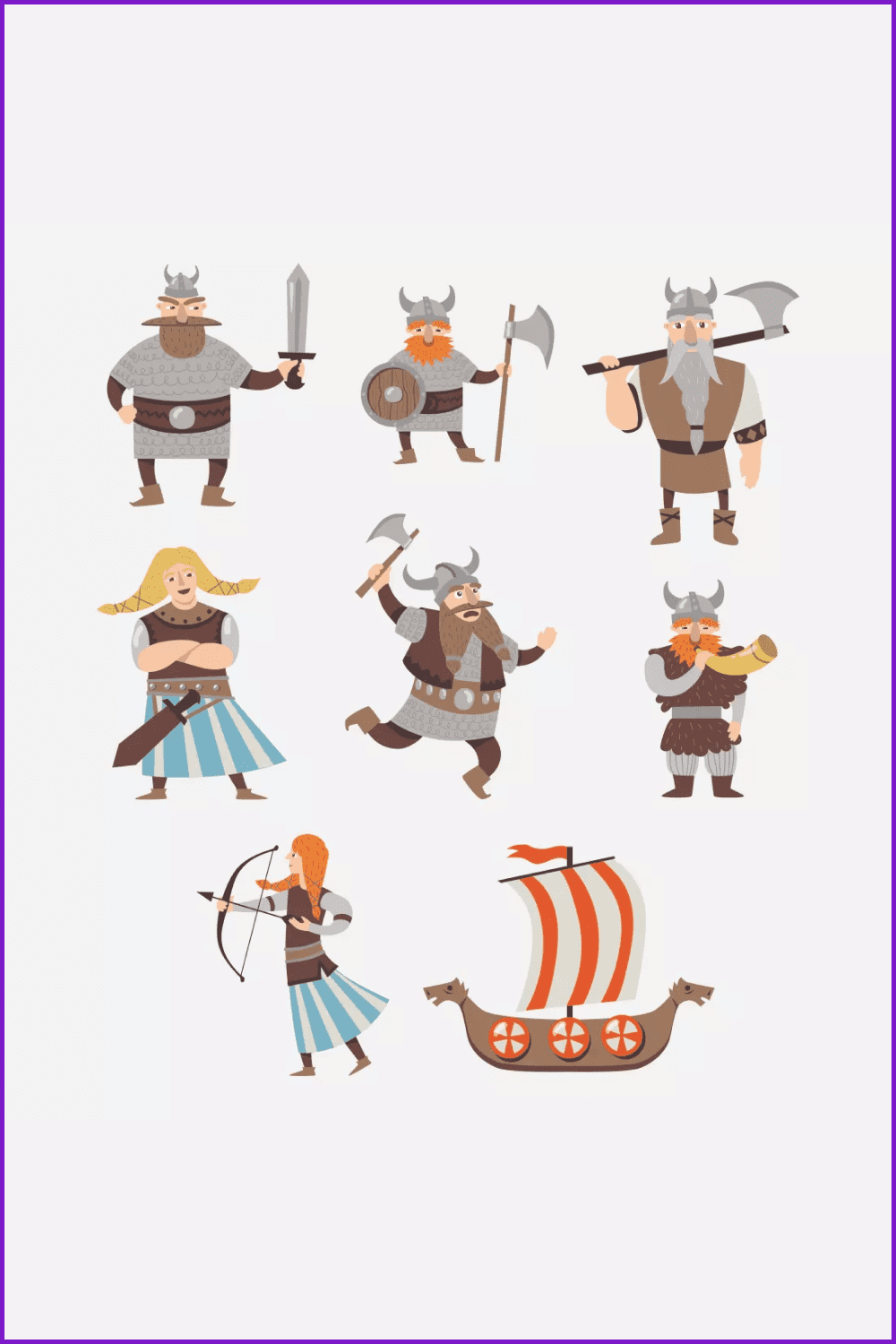Funny different Vikings characters with a ship.