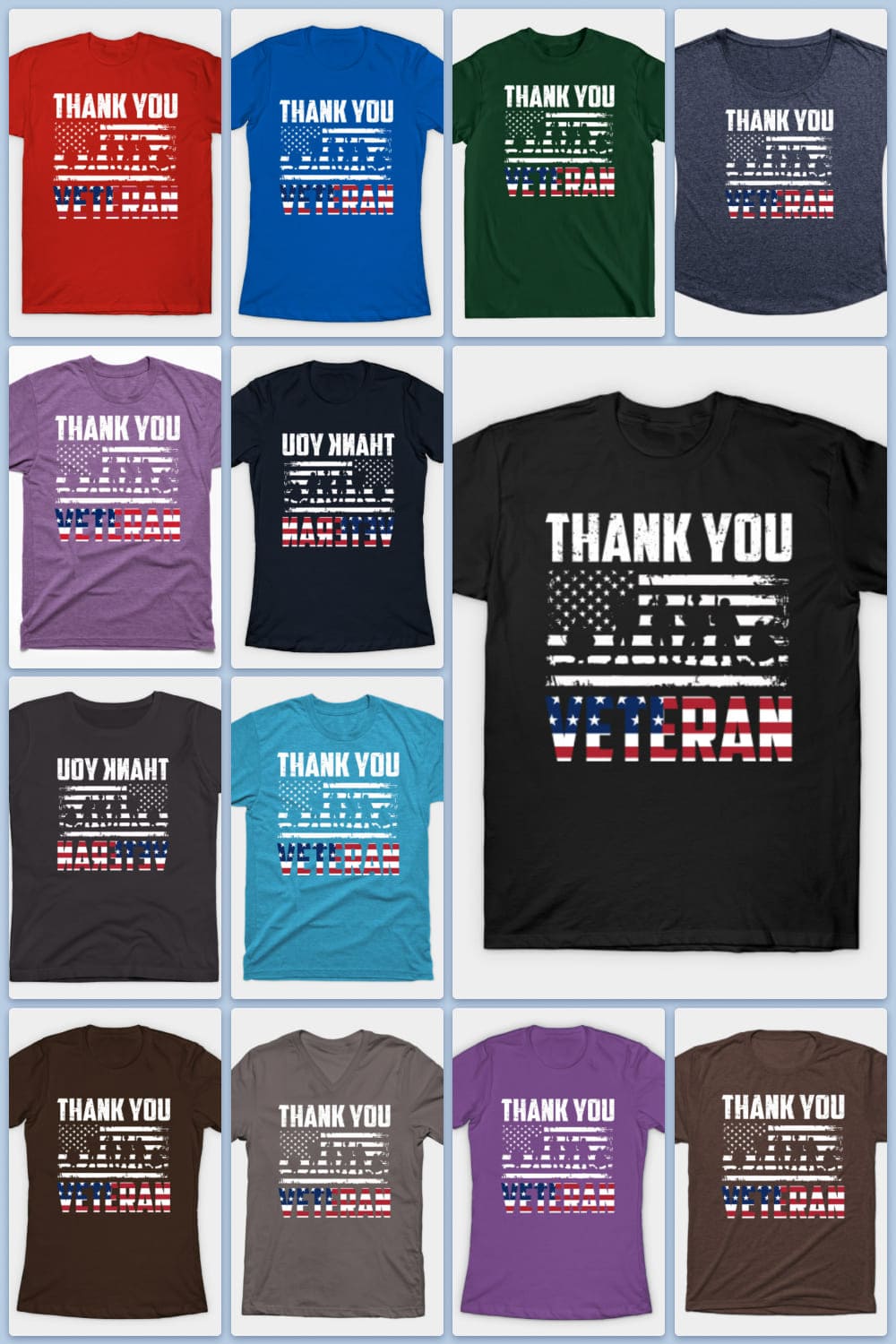 Collage of multi-colored t-shirts with a flag and an inscription to veterans.