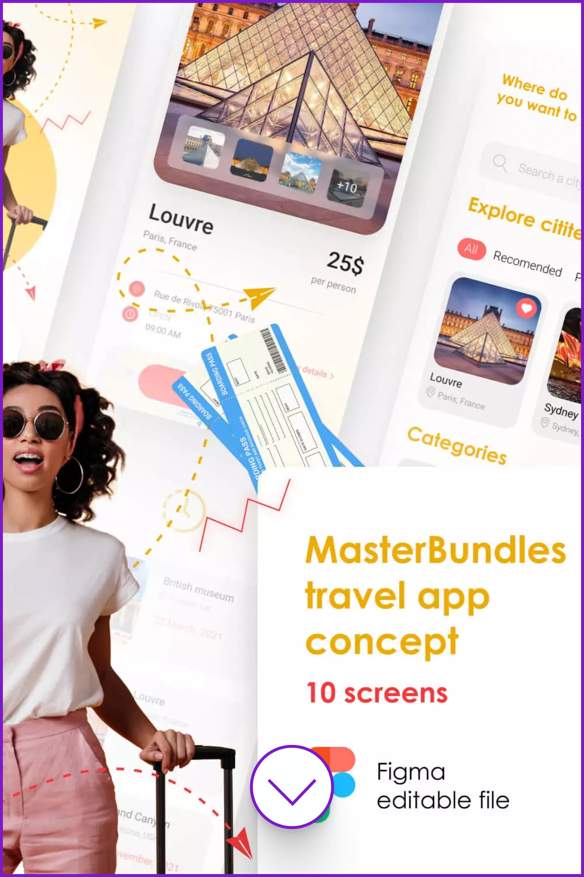 Screenshots of travel app with a girl with a luggage.