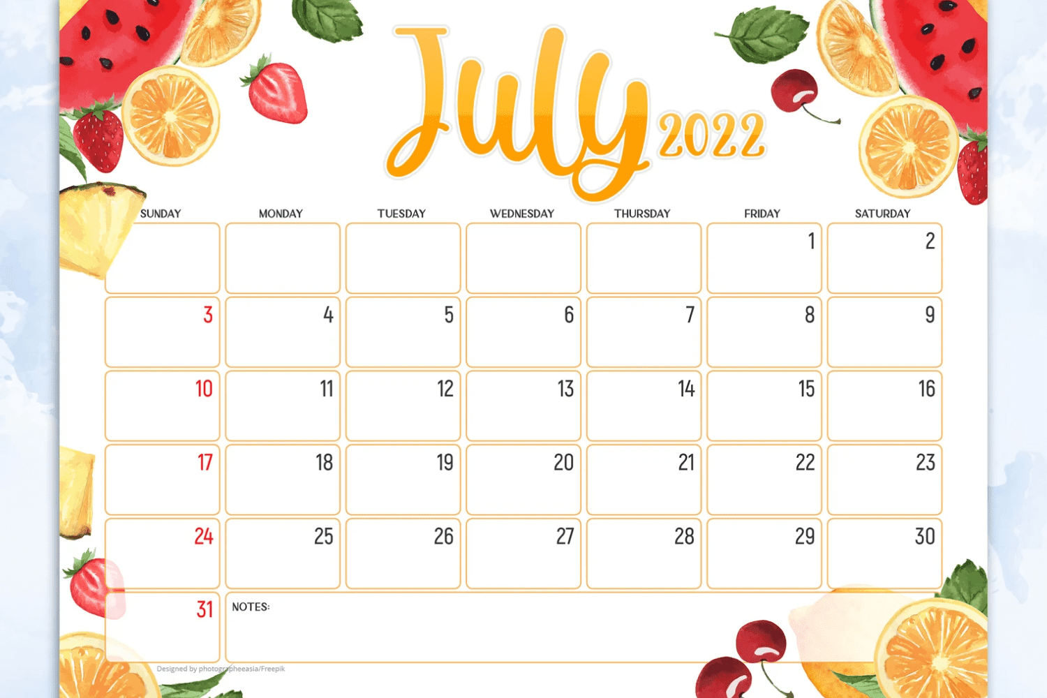 Calendar with summer fruits on white background.