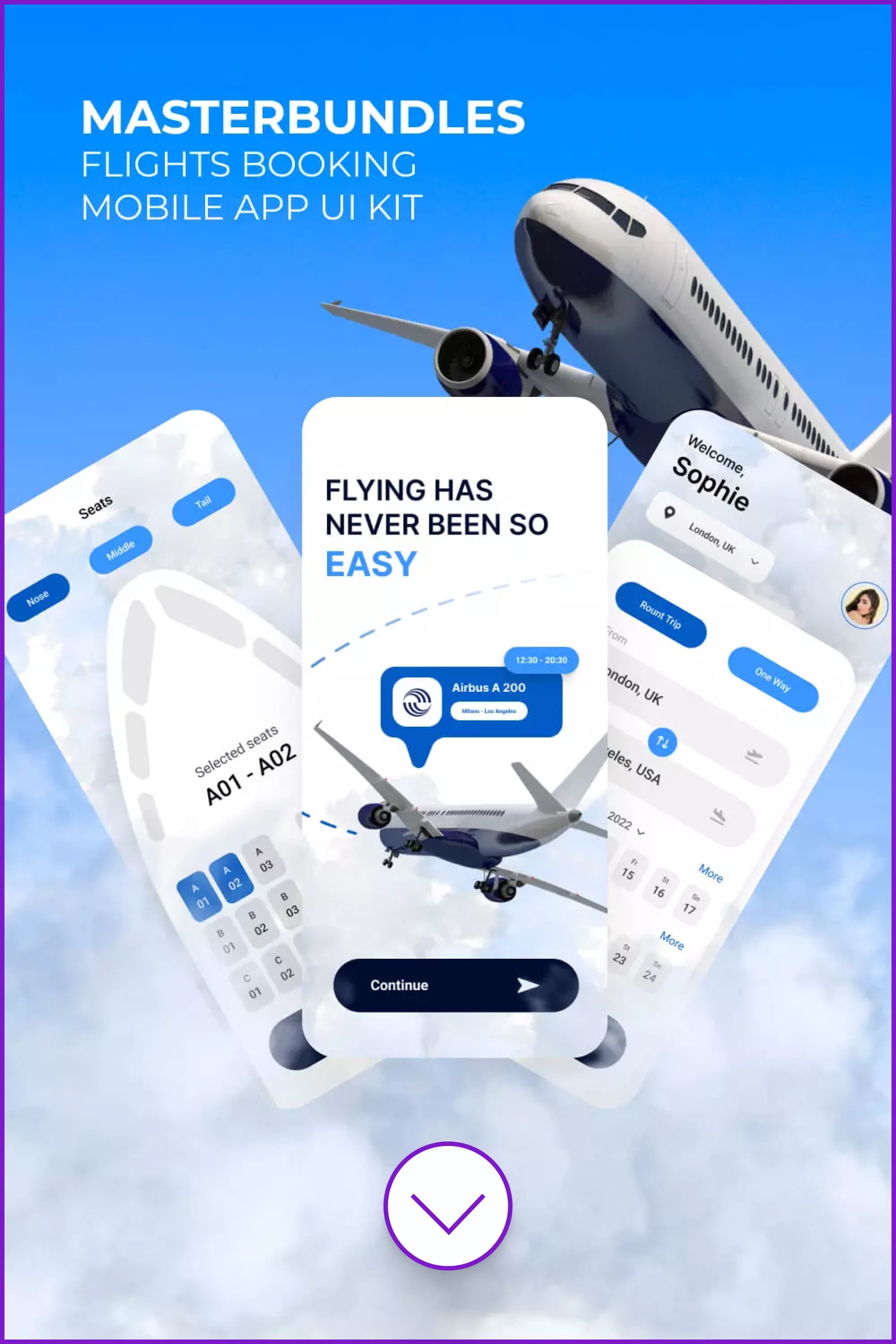 Screenshots of travel app with plane and clouds.