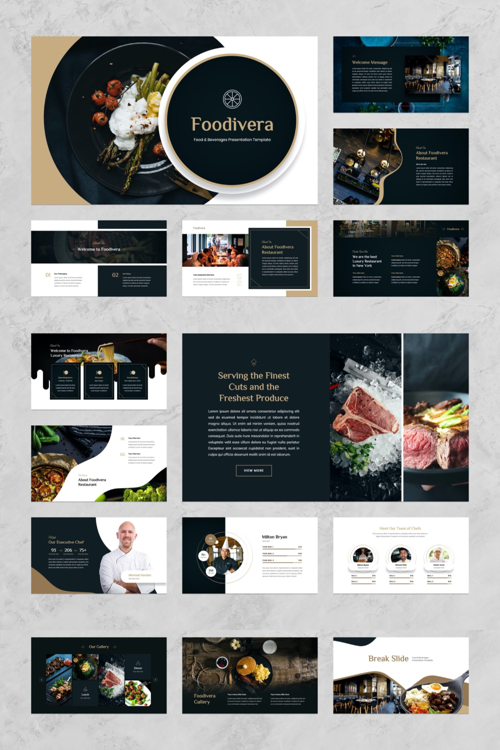 Collage of presentation pages with colorful food photos.