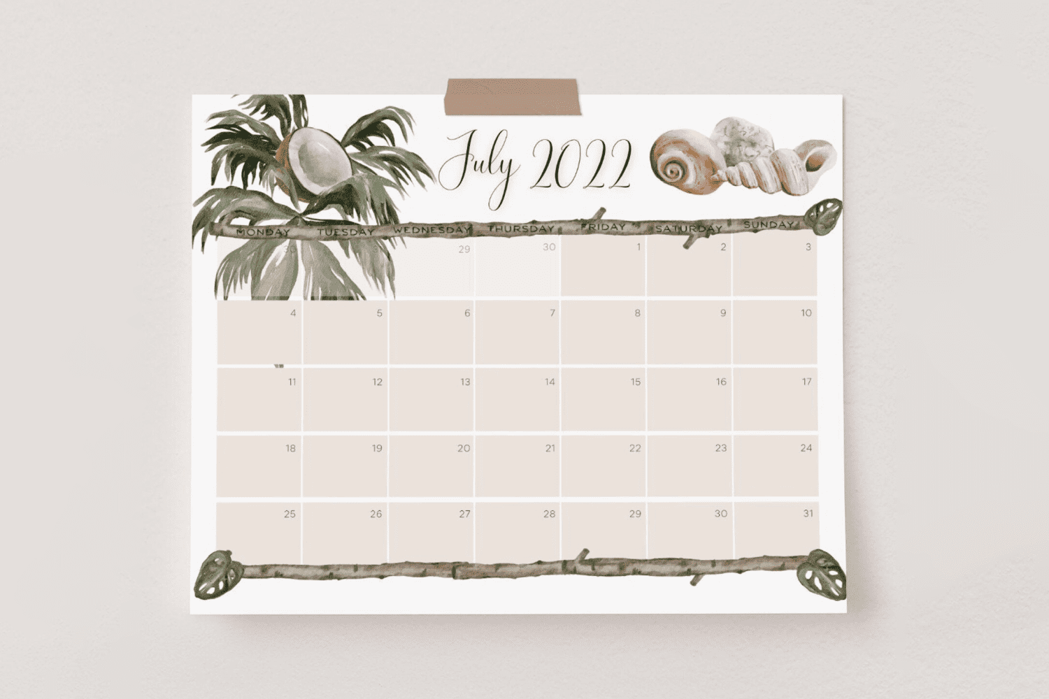 Calendar with palm tree, coconut and seashells-.