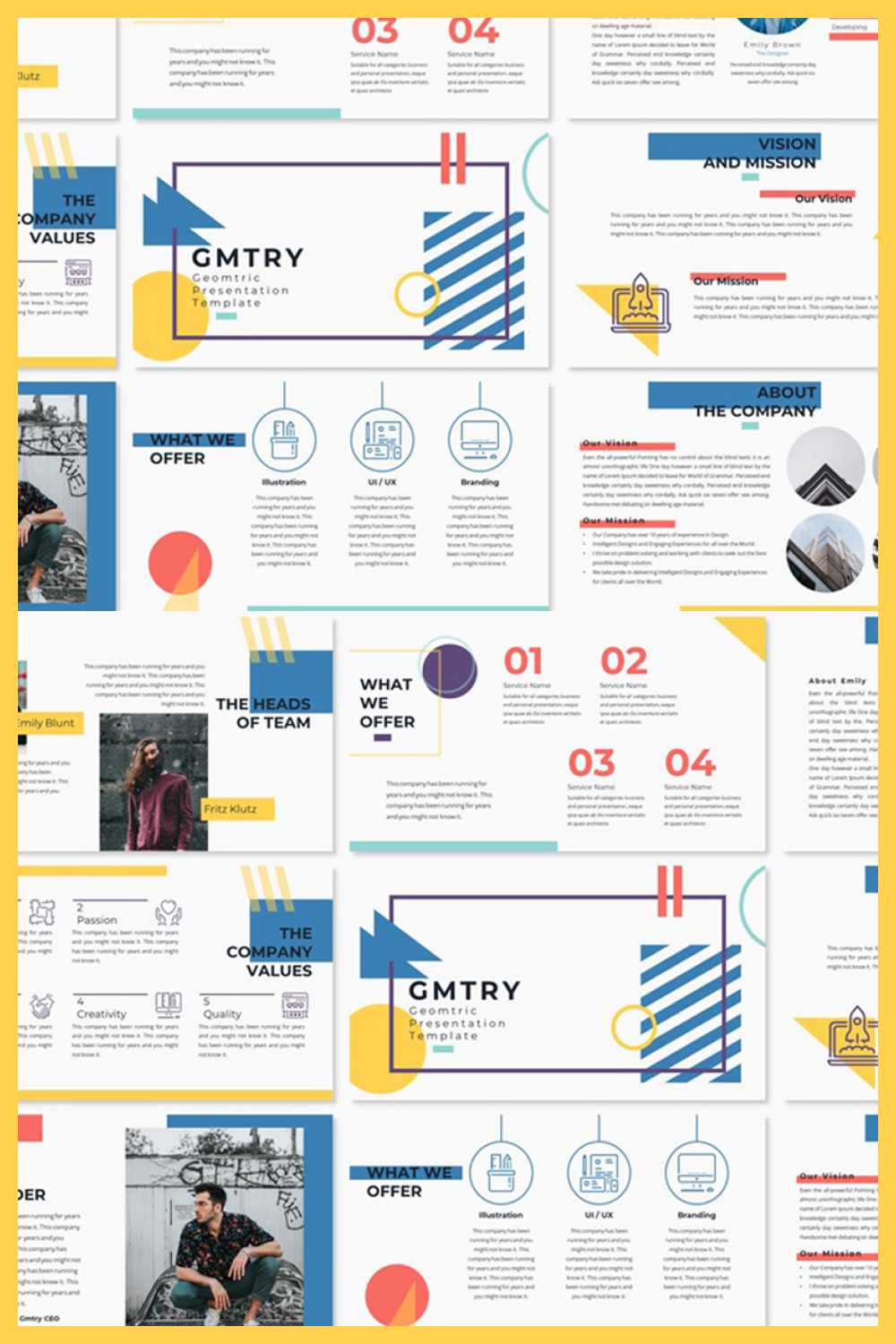 Mix of presentation pages with bright colored geometric shapes.