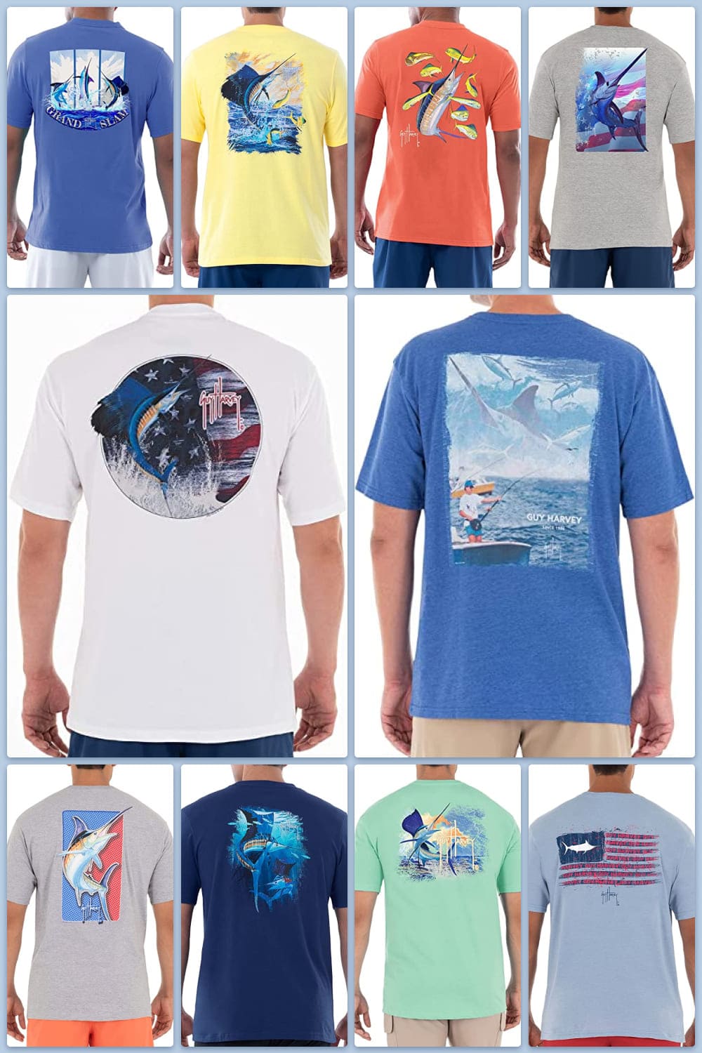 Collage of t-shirts with blue marlins.