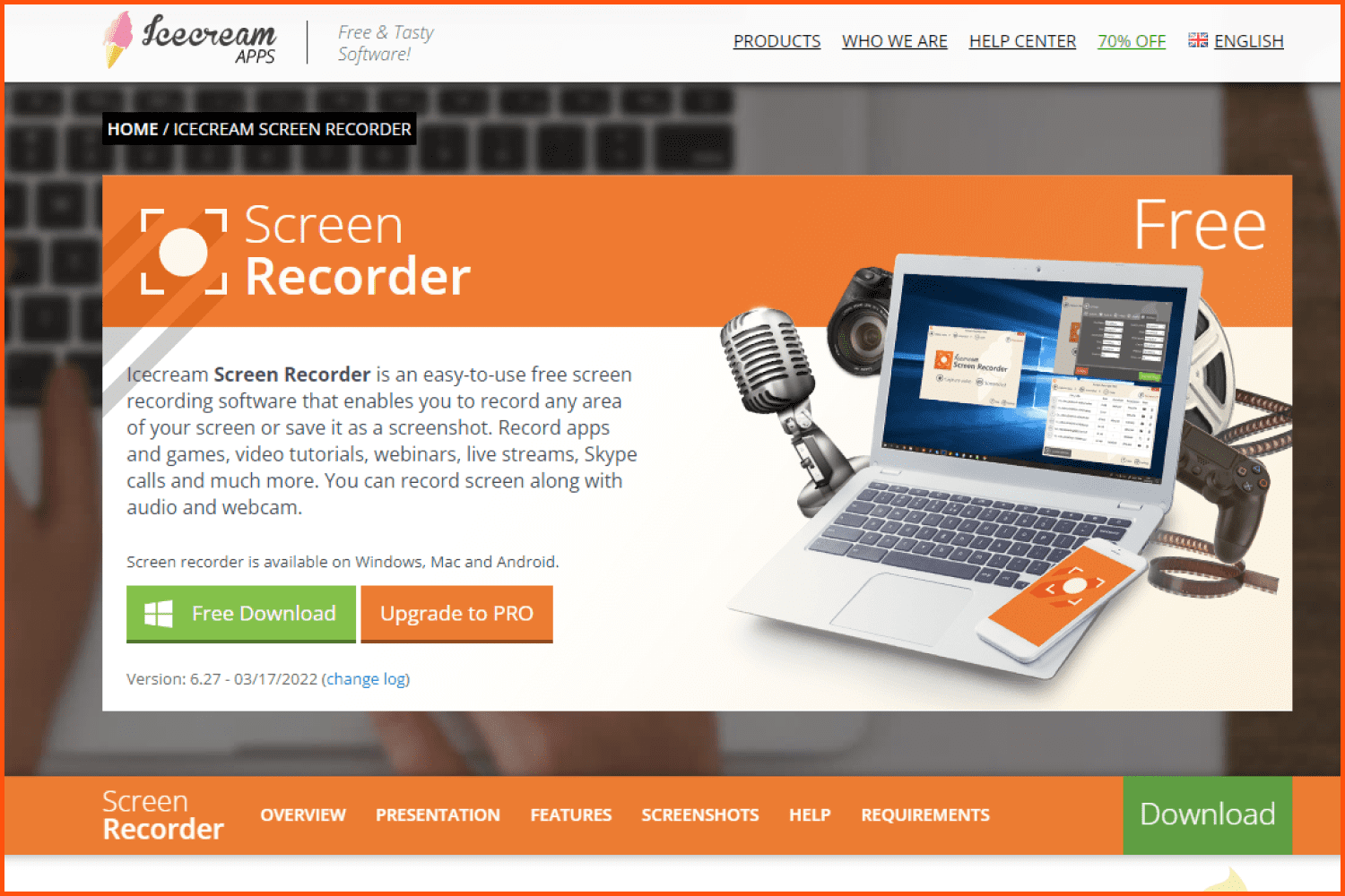 Screenshot of Icecream Screen Recorder home page.