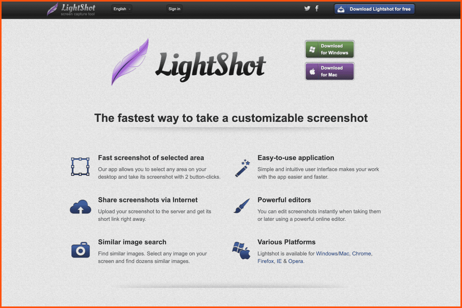 Screenshot of Lightshot home page.