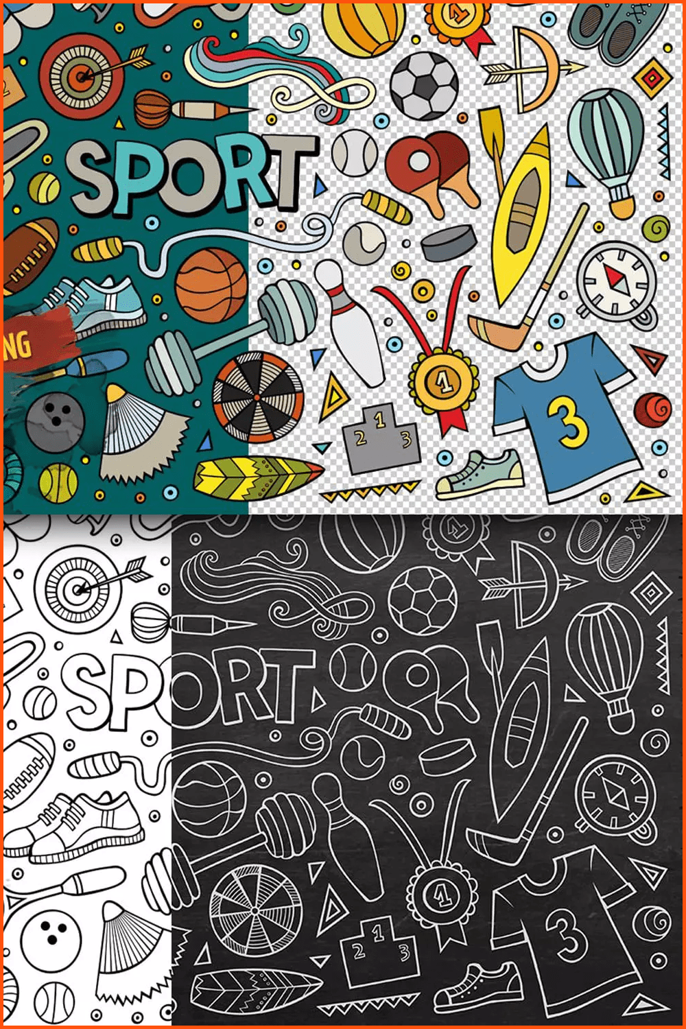Hand-drawn cartoon doodles sport items.