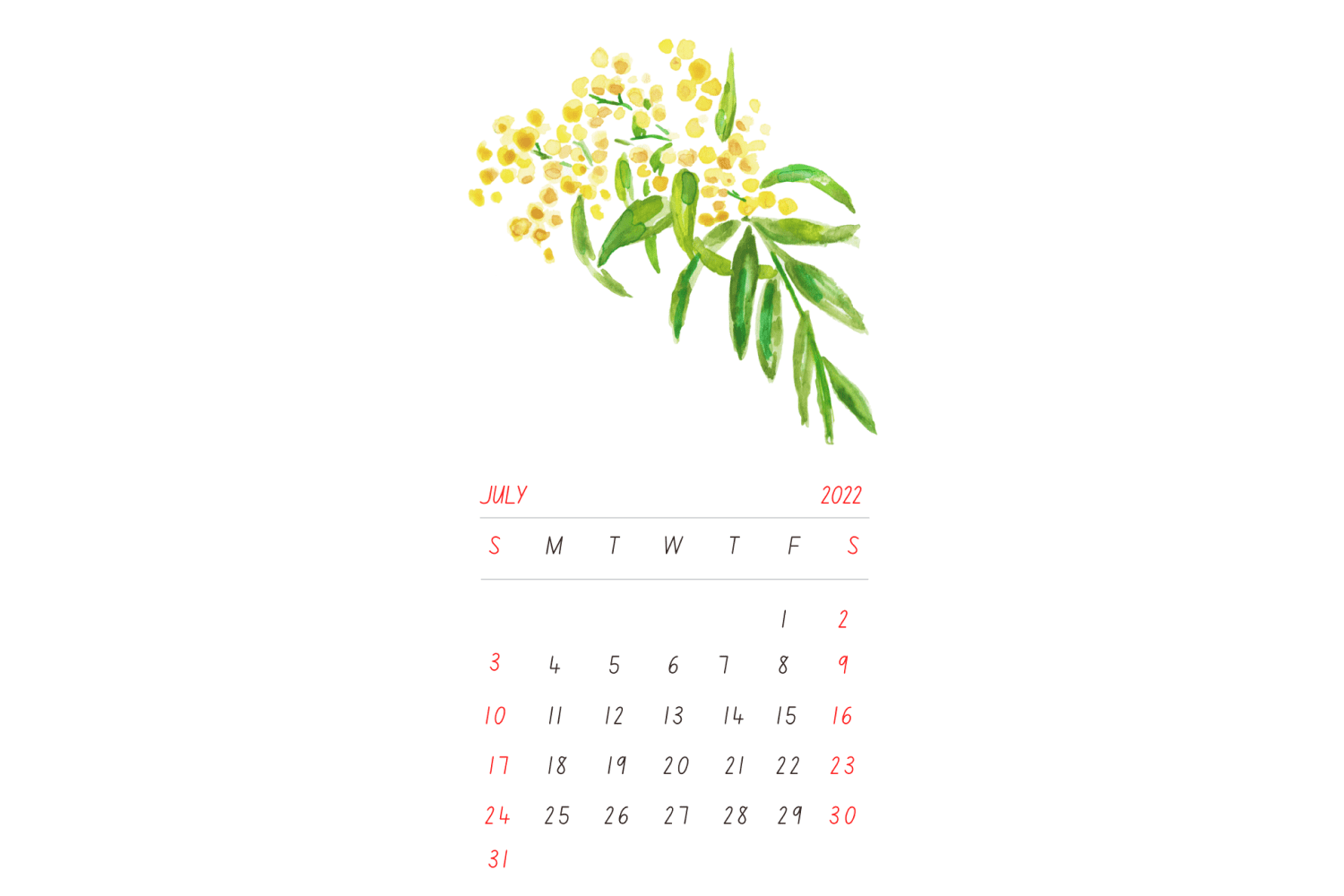White calendar with painted yellow bouquet.
