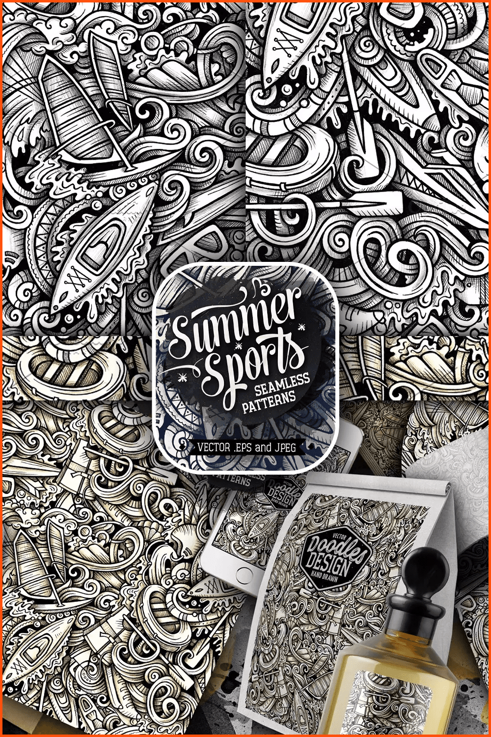 hand-drawn monochrome illustrations of summer water sports doodles.