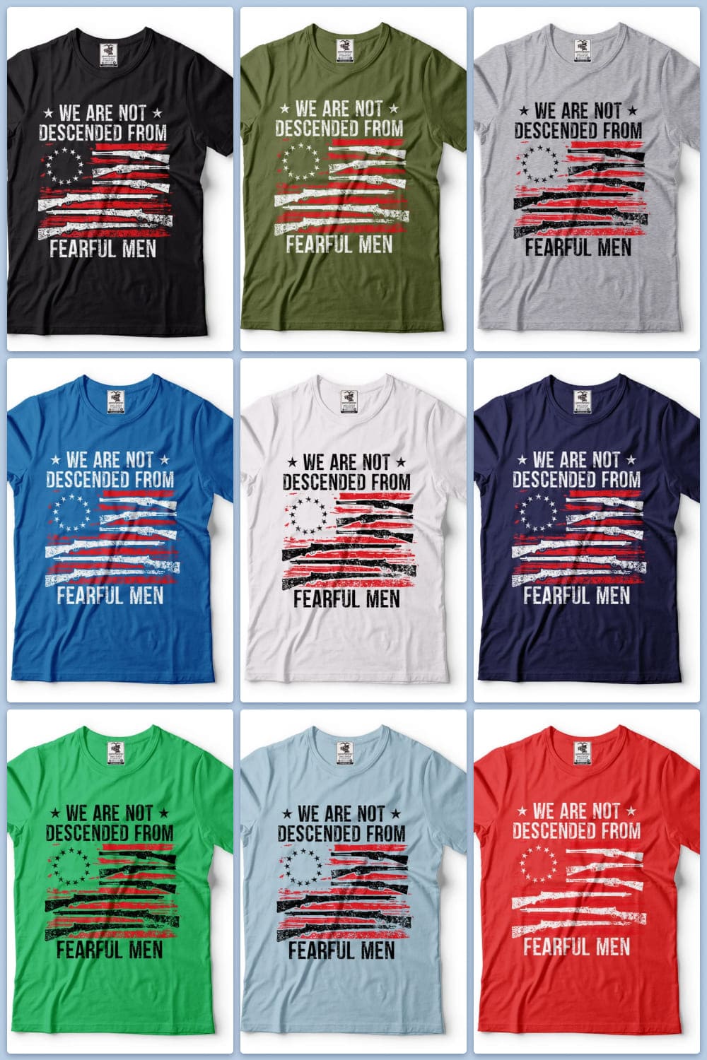 Collage of colorful t-shirts with guns.