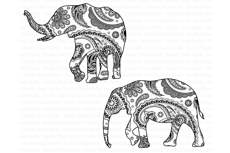 Two elephants with paisley designs on them.