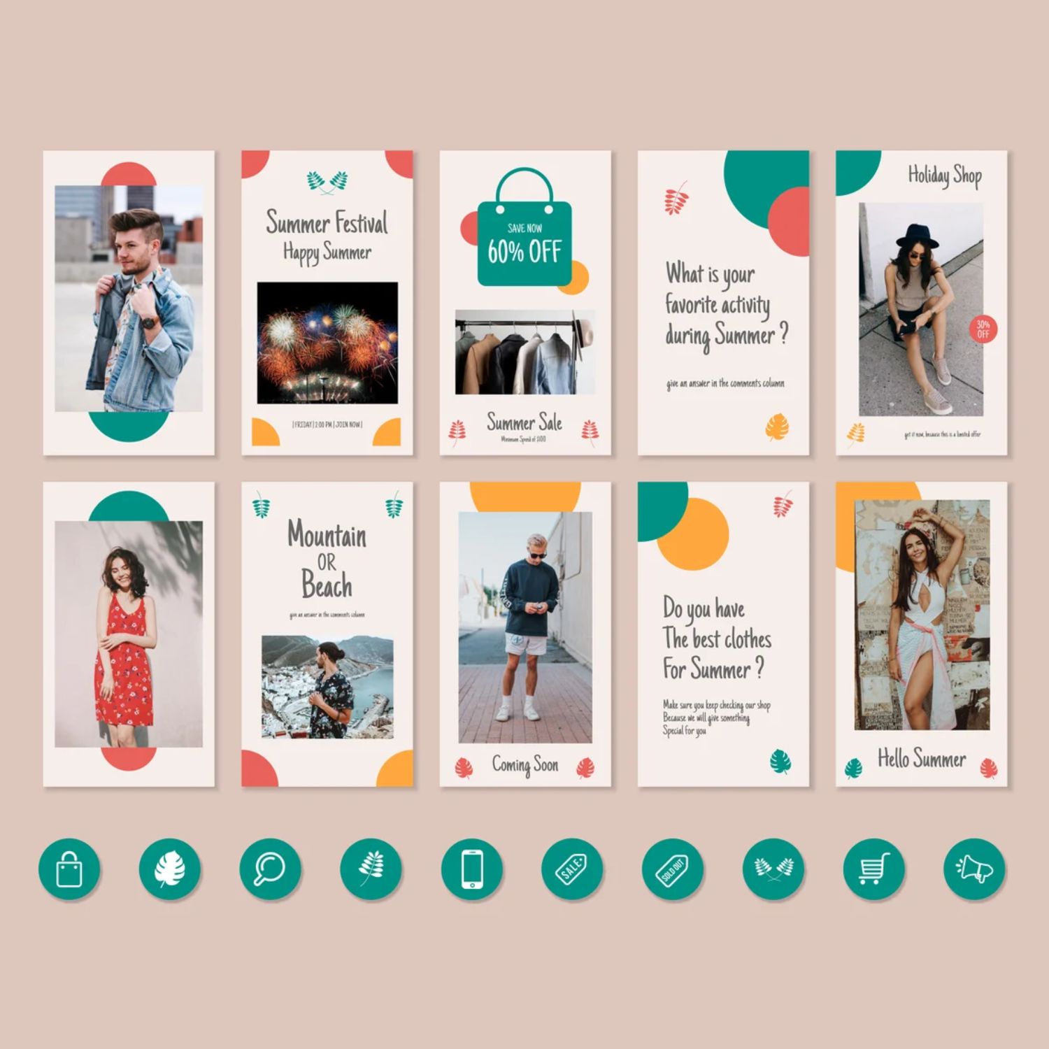 Summer Fashion Marketing Story and Icon Social Media Template Examples.