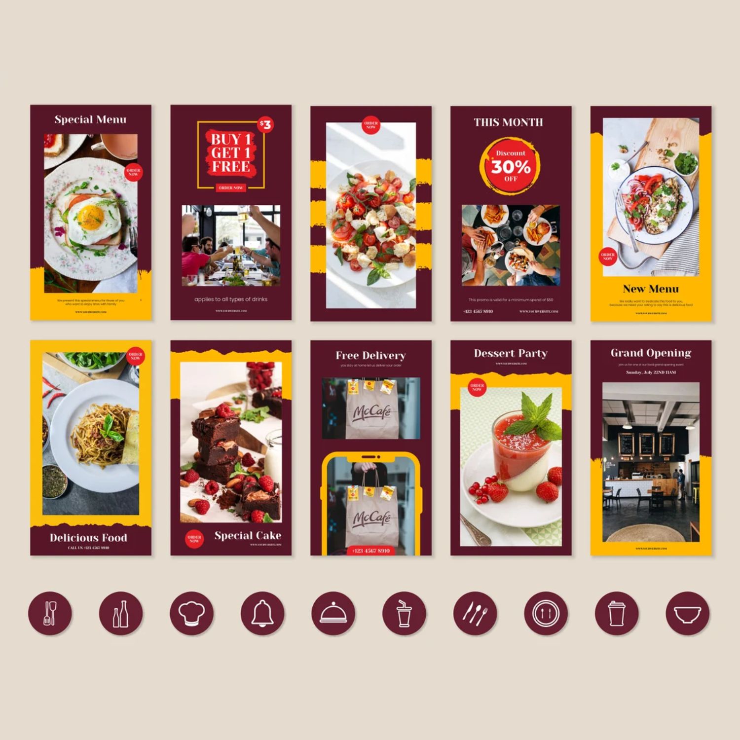 Food & Beverage Story and Icon Social Media Template Examples.