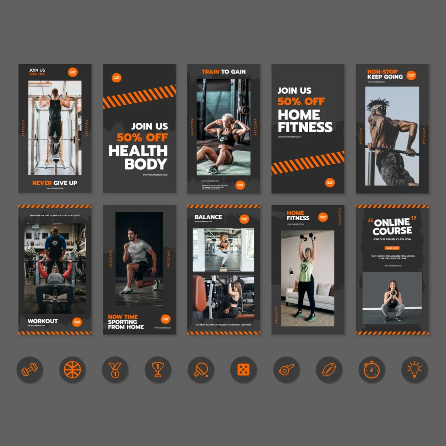 Home Fitness Story and Icon Social Media Template Canva Photoshop Illustrator Examples.