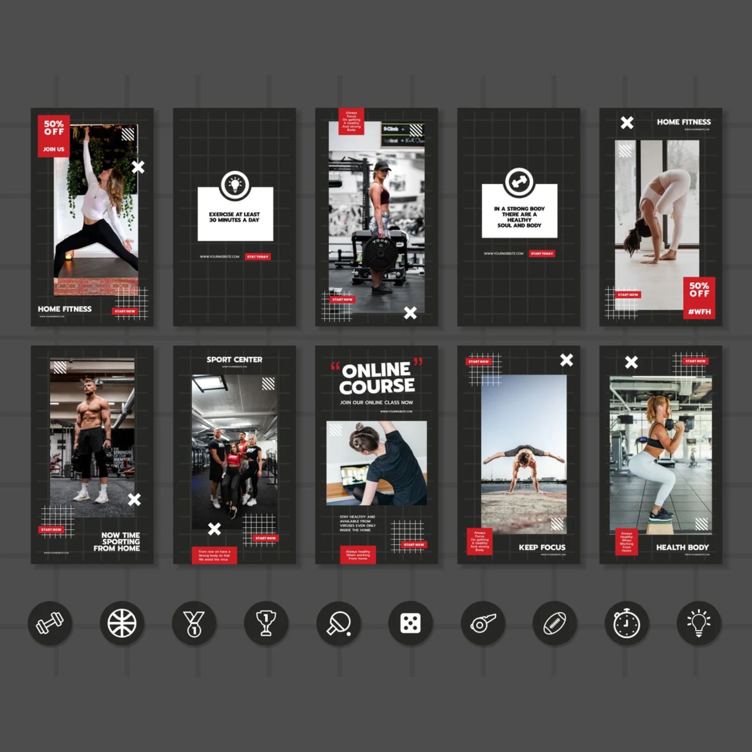 Home Fitness Story and Icon Social Media Template Examples.