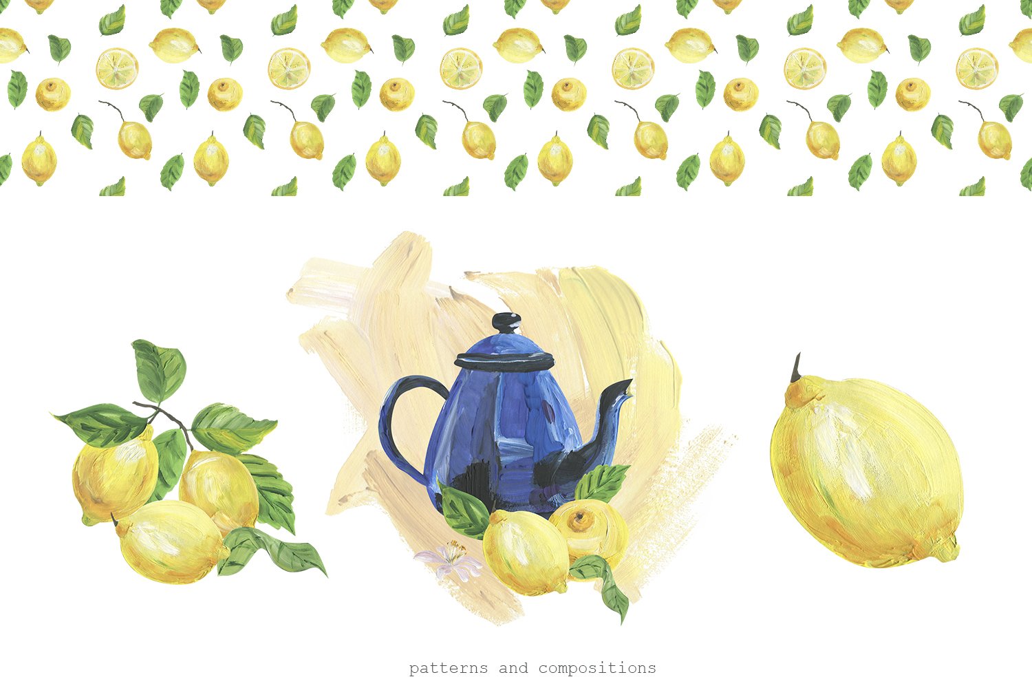 Watercolor blue teapot and lemon.