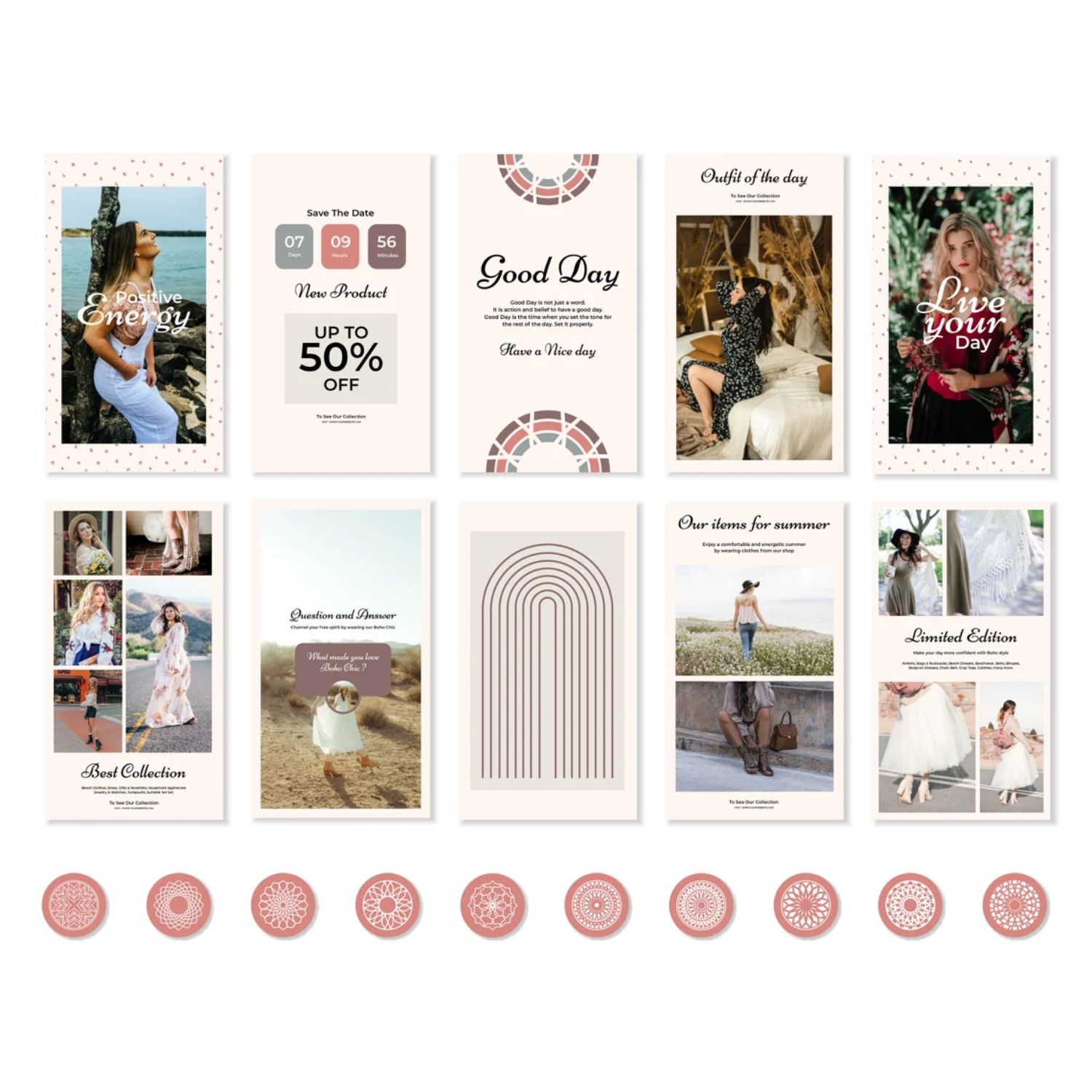 Boho Chic Story and Icon Social Media Template Examples.