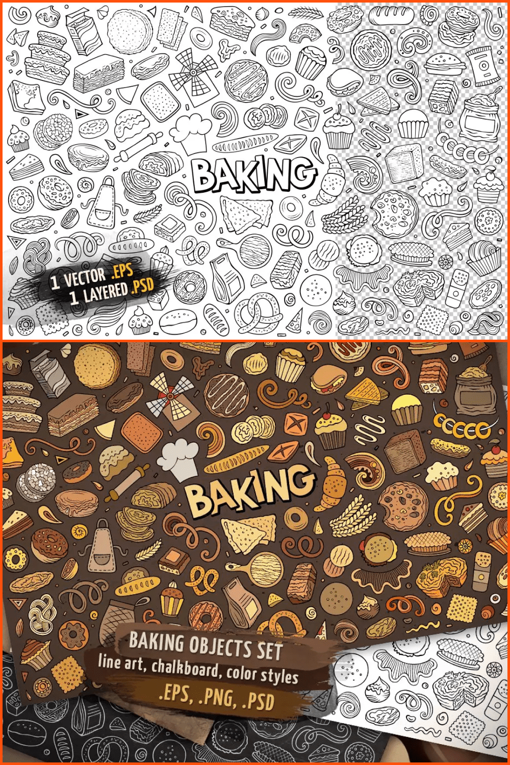 Doodles on the theme of baking in color and black and white.
