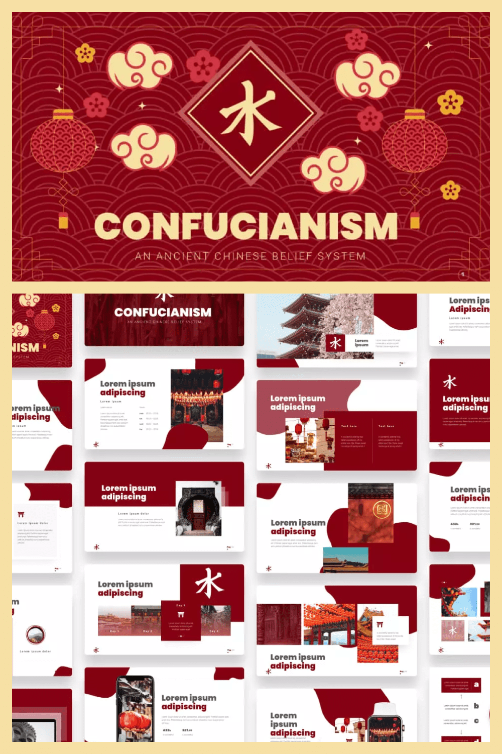 Screenshots of pages in red colors on the theme of Confucianism.