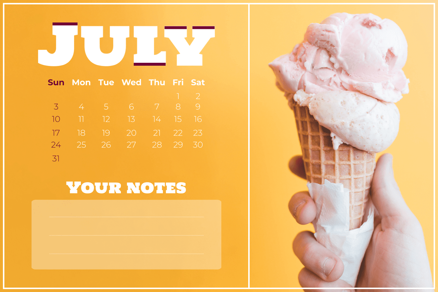 Calendar with ice cream cone in hand on yellow background.