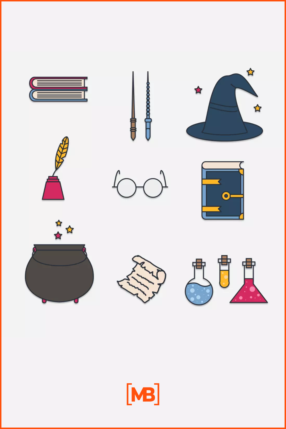 Mix of witch hats, textbooks, wands, cauldrons.
