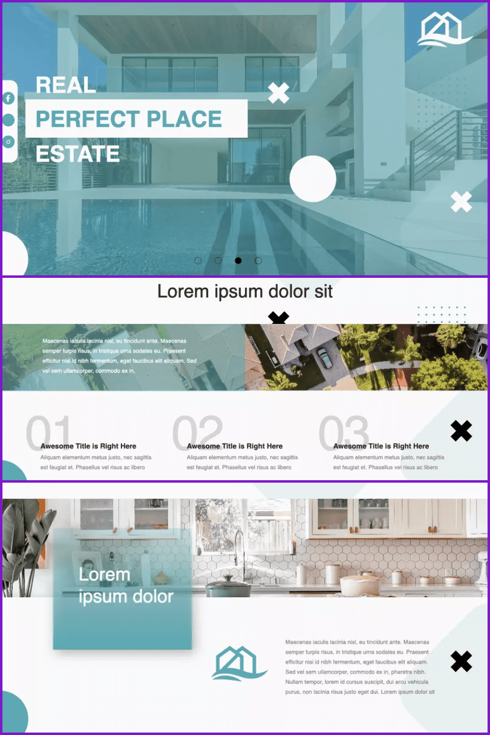 Collage with real estates slides with green backgrounds.