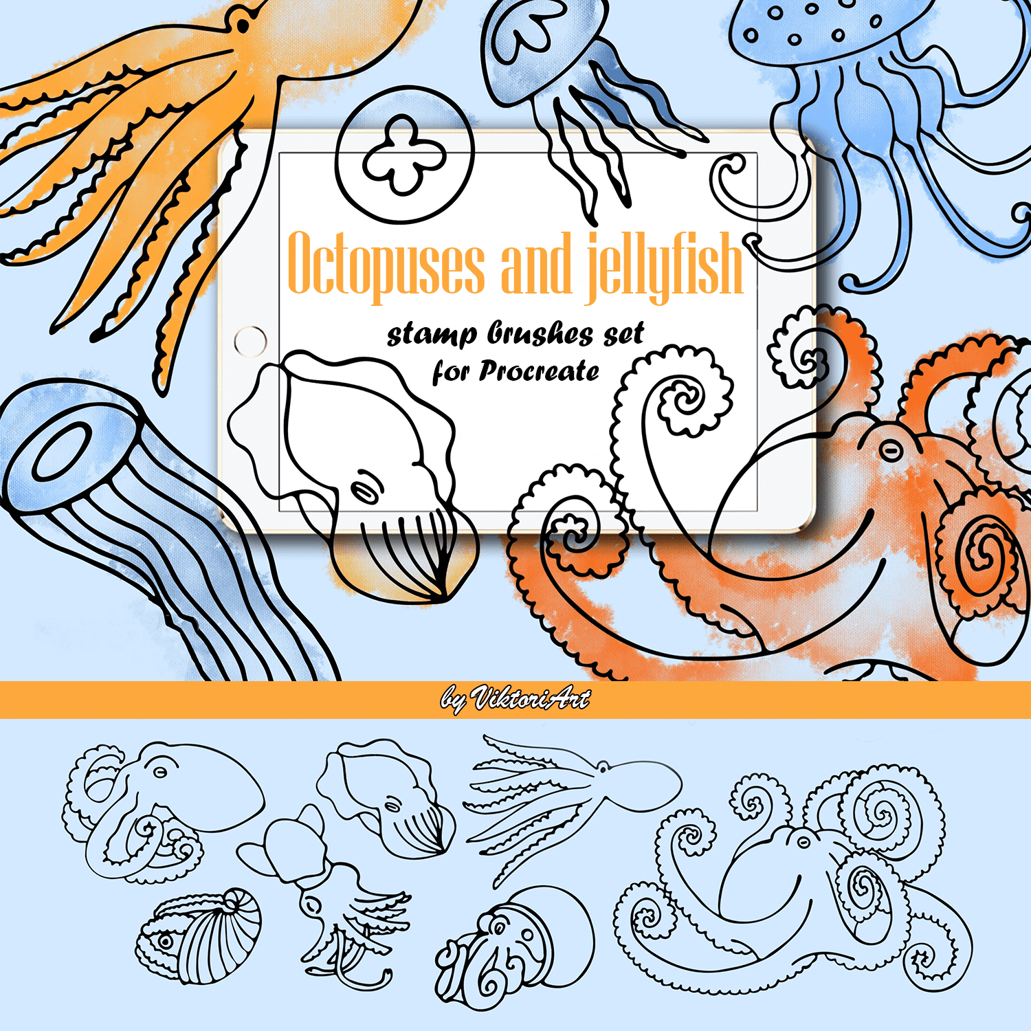 Octopuses and jellyfish - stamp brushes set for Procreate cover.